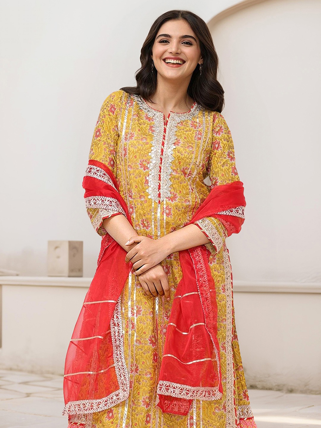 

Ishin Floral Printed Pure Cotton Anarkali Kurta With Sharara & Dupatta, Yellow