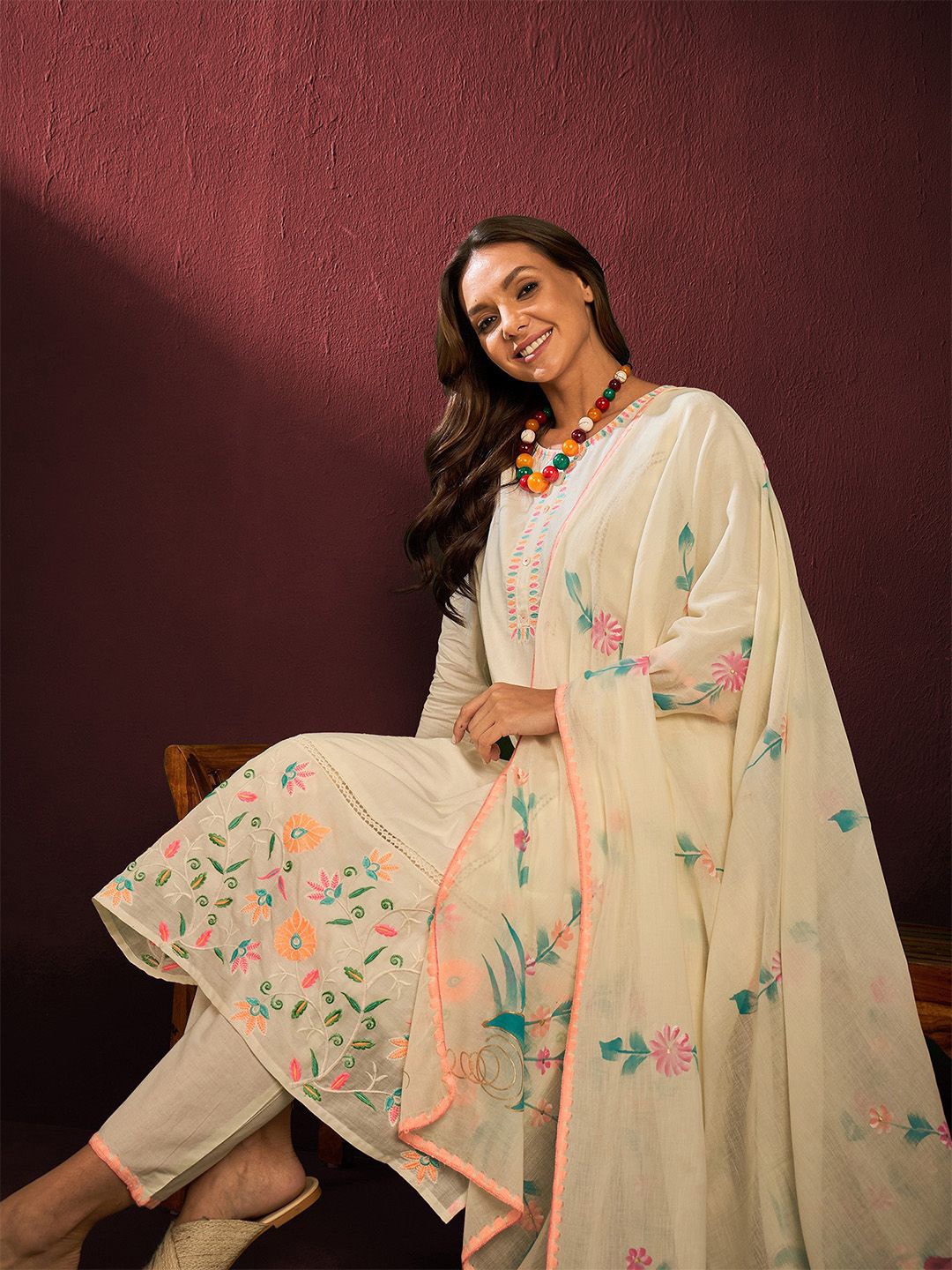 

Ishin Floral Embroidered Straight Pure Cotton Thread Work Kurta with Trousers & Dupatta, Off white