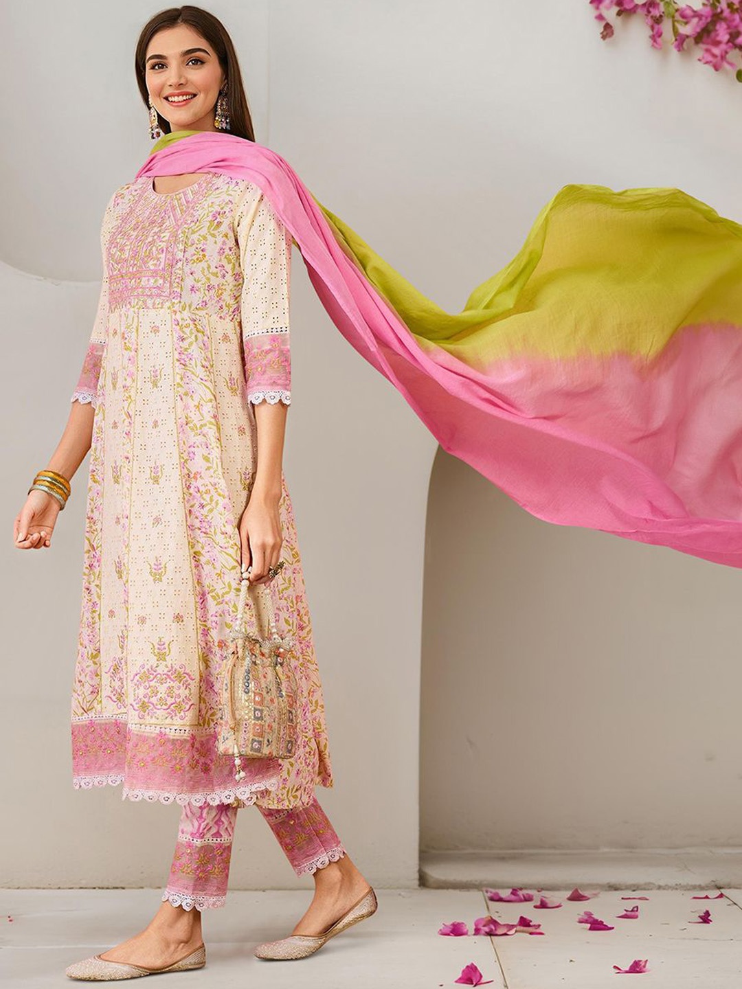 

Ishin Floral Printed Thread Work Pure Cotton A-Line Kurta With Trousers & Dupatta, Off white