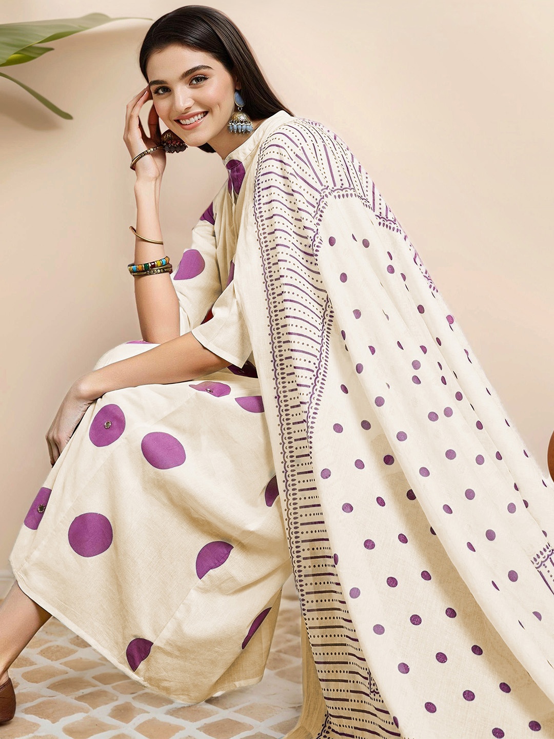 

Ishin Printed A-Line Pure Cotton Kurta with Trousers & Dupatta, Cream