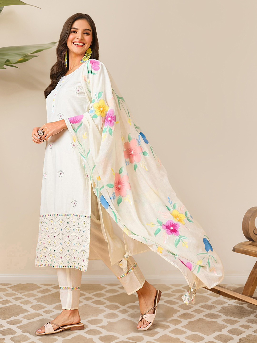 

Ishin Floral Embroidered Mirror Work Pure Cotton Kurta with Trousers & Dupatta, Off white