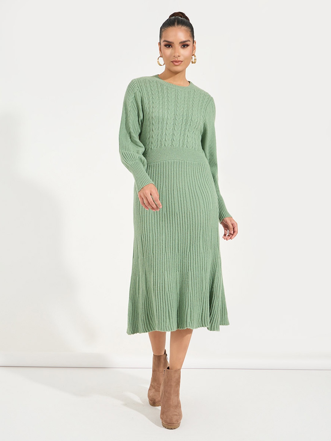 

Styli Women Textured Cable Knit Sweater Midi Dress, Green