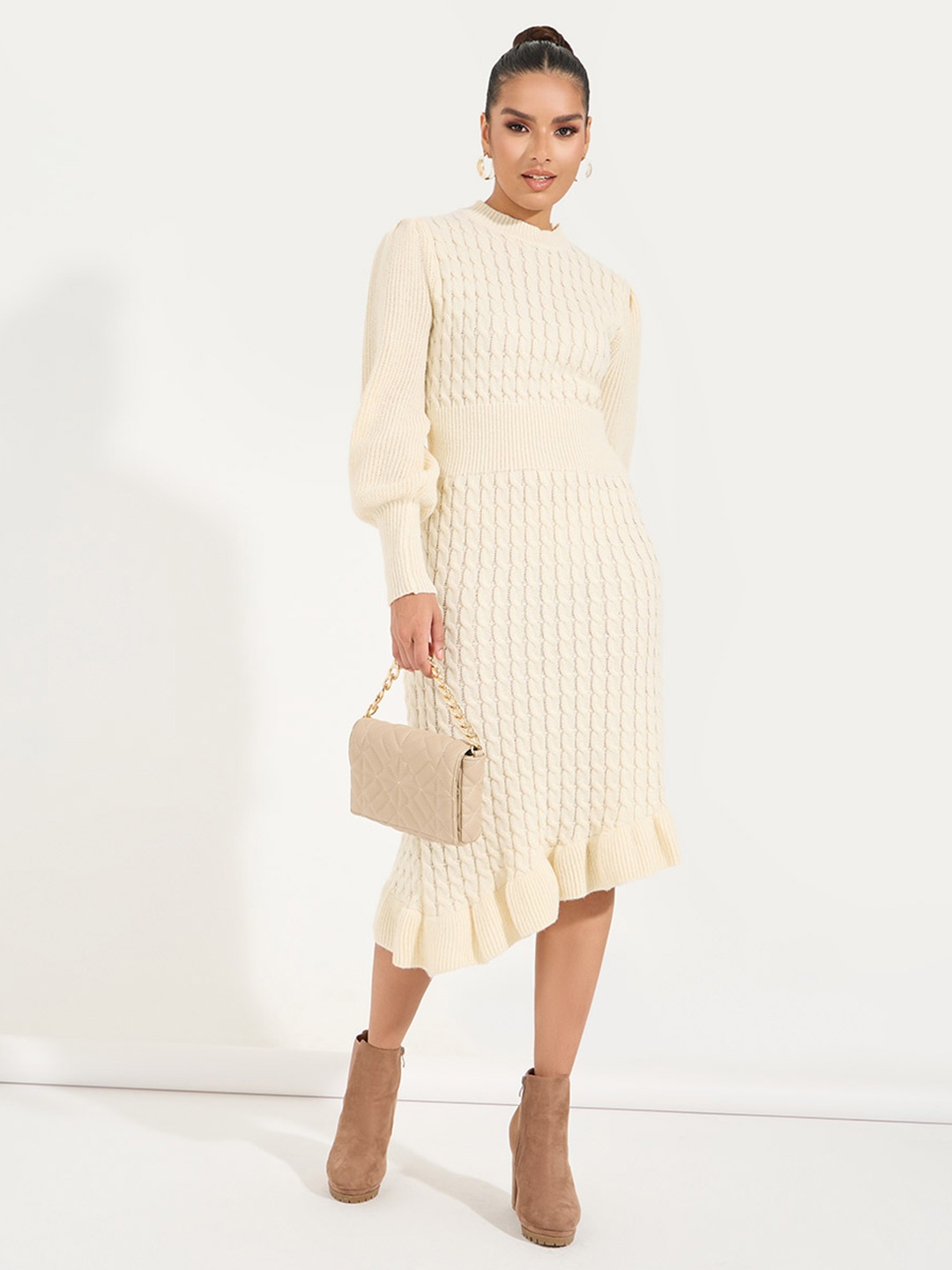 

Styli Asymmetric Hem Textured Sweater Midi Dress, Off white