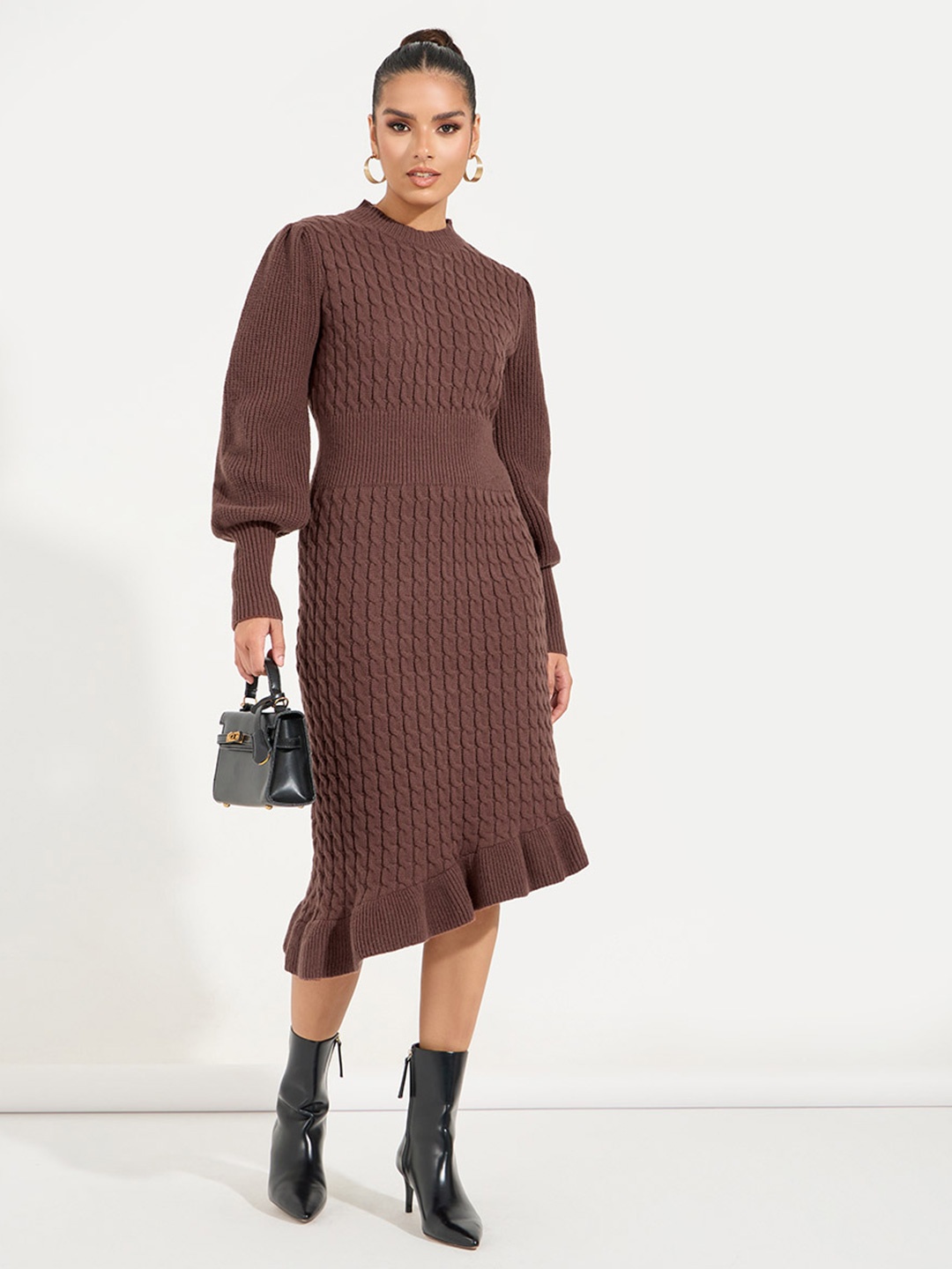 

Styli Asymmetric Hem Textured Sweater Midi Dress, Brown