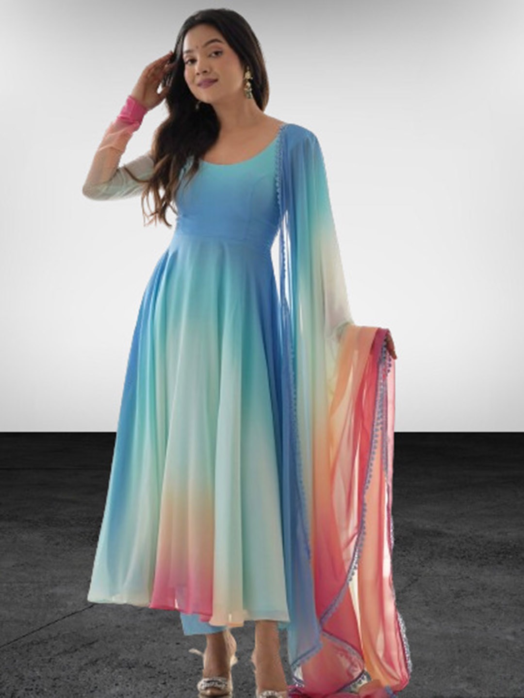 

N N ENTERPRISE Ombre Dyed Georgette Anarkali Kurta with Leggings & Dupatta, Blue