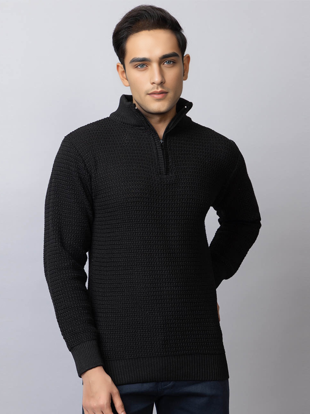 

TYSORT Men Cable Knit Woollen Pullover with Zip Detail, Black