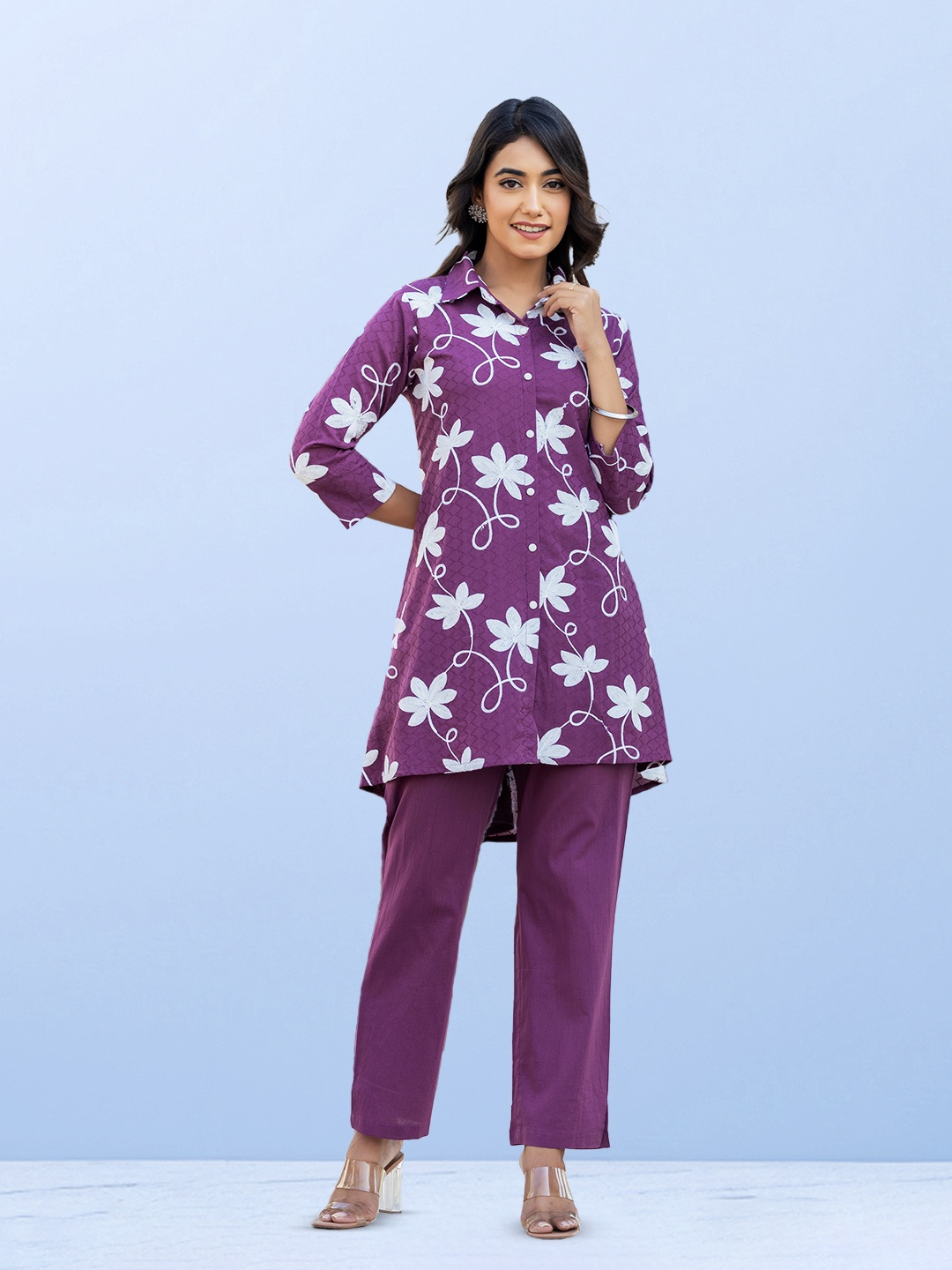 

CUSTARD Floral Embroidered Pure Cotton Tunic & Trousers, Purple