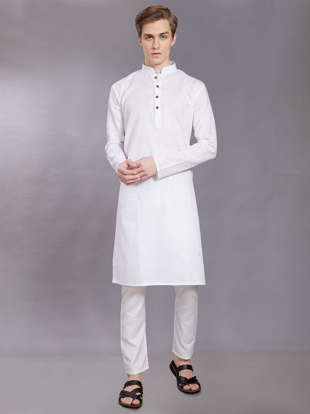 

DIVISIVE Woven Design Mandarin Collar Pure Cotton Straight Kurta, White