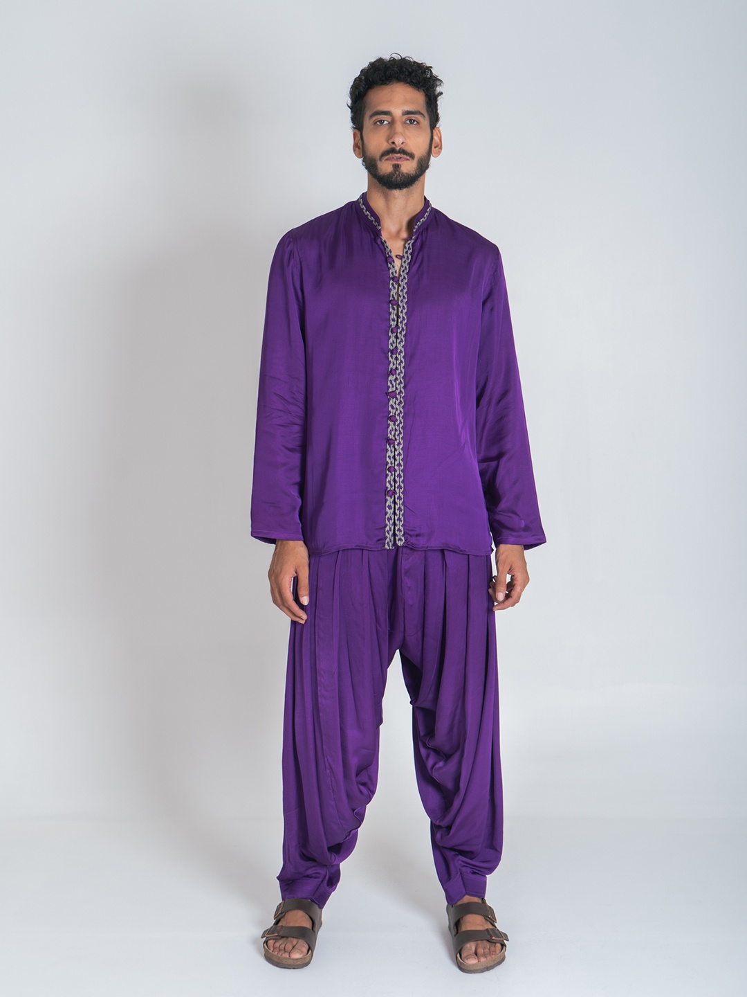 

Neora Mandarin Collar Shirt With Dhoti Pants, Purple