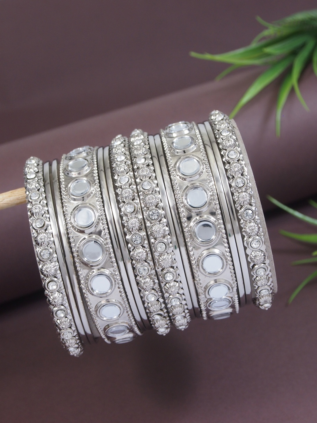 

I Jewels Set of 14 Silver Plated Stone Studded Textured Navratri Ethnic Bangles