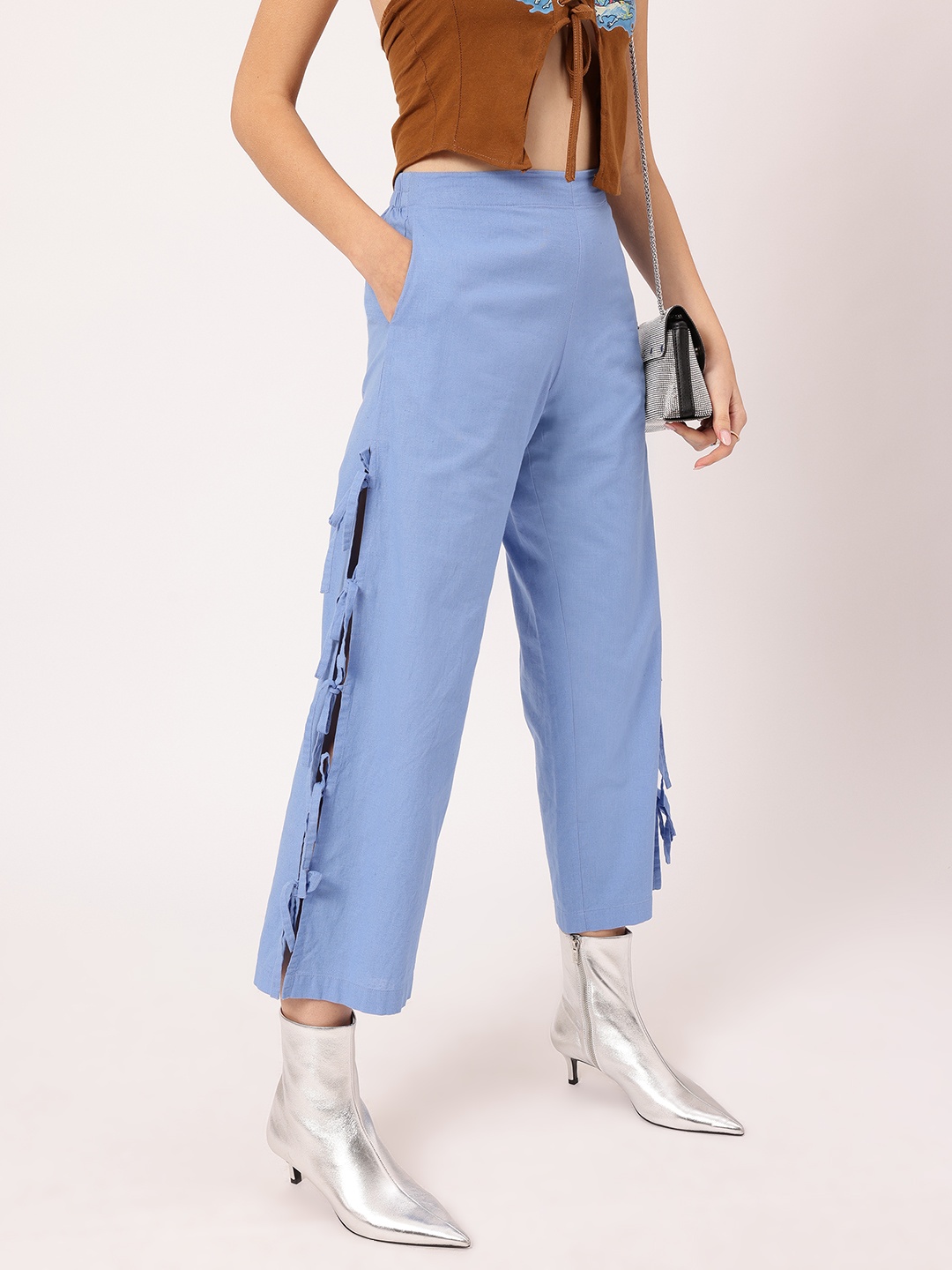 

DressBerry Women Cottagecore Chic Bow-Up Cropped Trousers, Blue