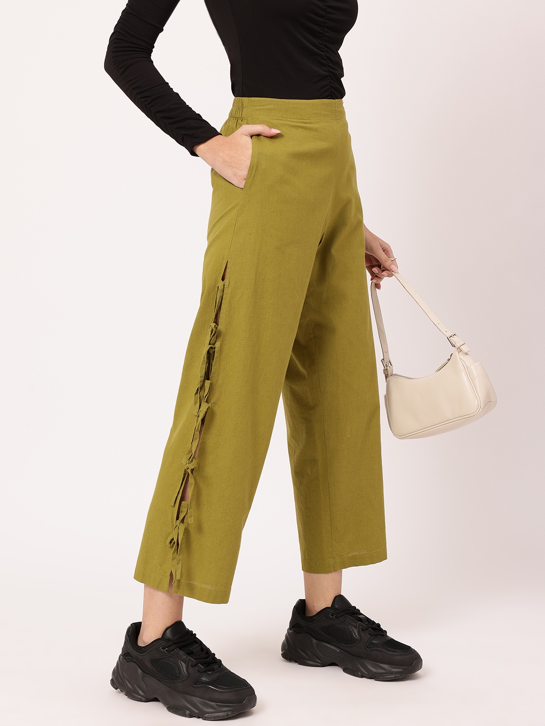 

DressBerry Women Girlboss Glam Bow-Up Cropped Trousers, Olive