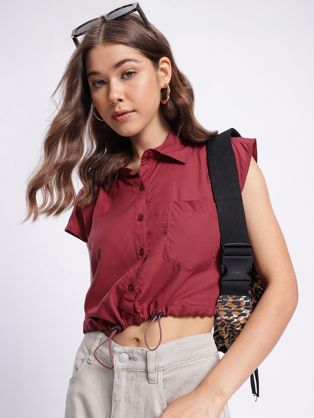 

DressBerry Sprightly Spirit Cinched Waist Crop Shirt-Style Top, Maroon