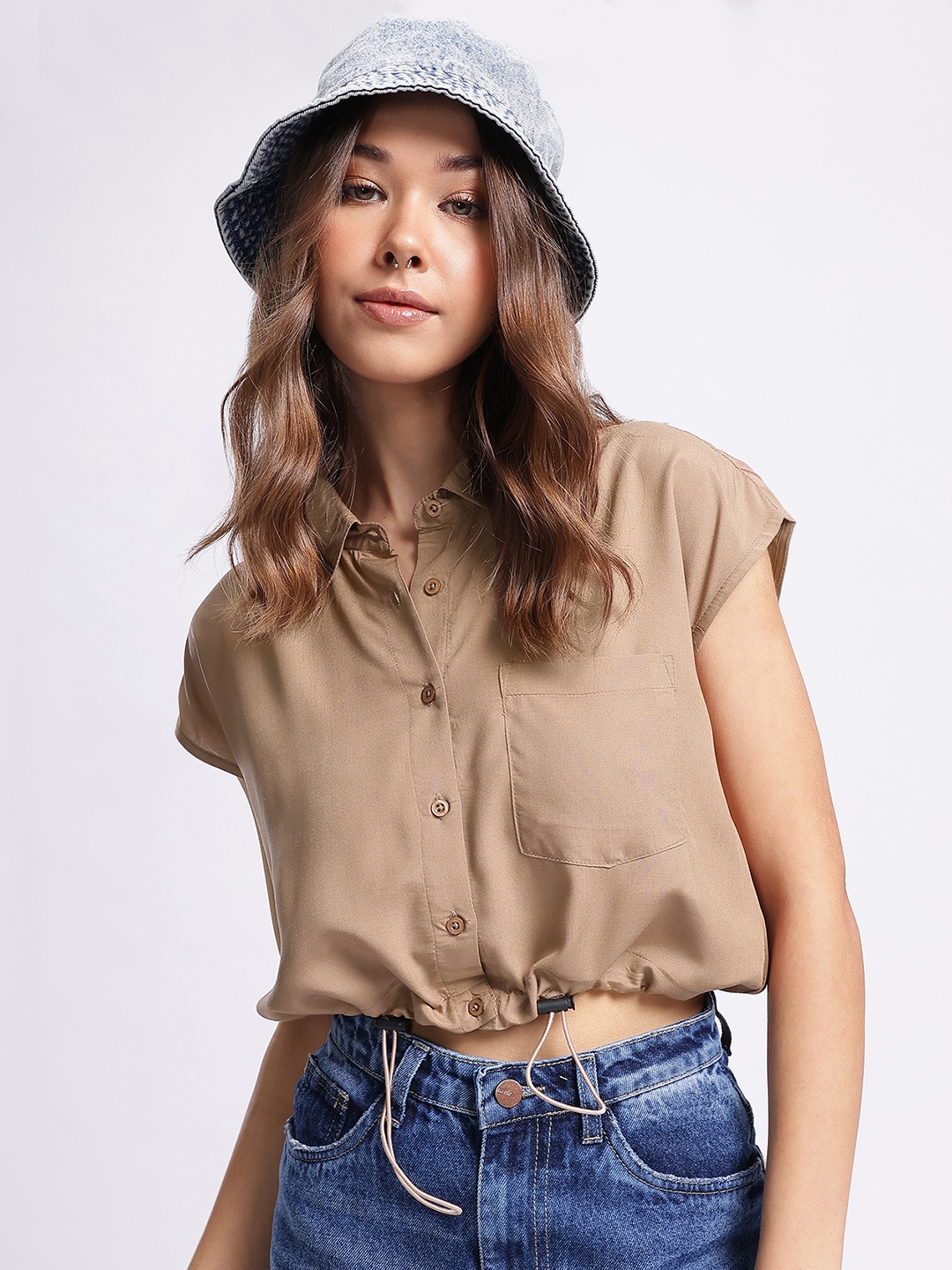 

DressBerry Soft Spectrum Cinched Waist Crop Shirt-Style Top, Taupe