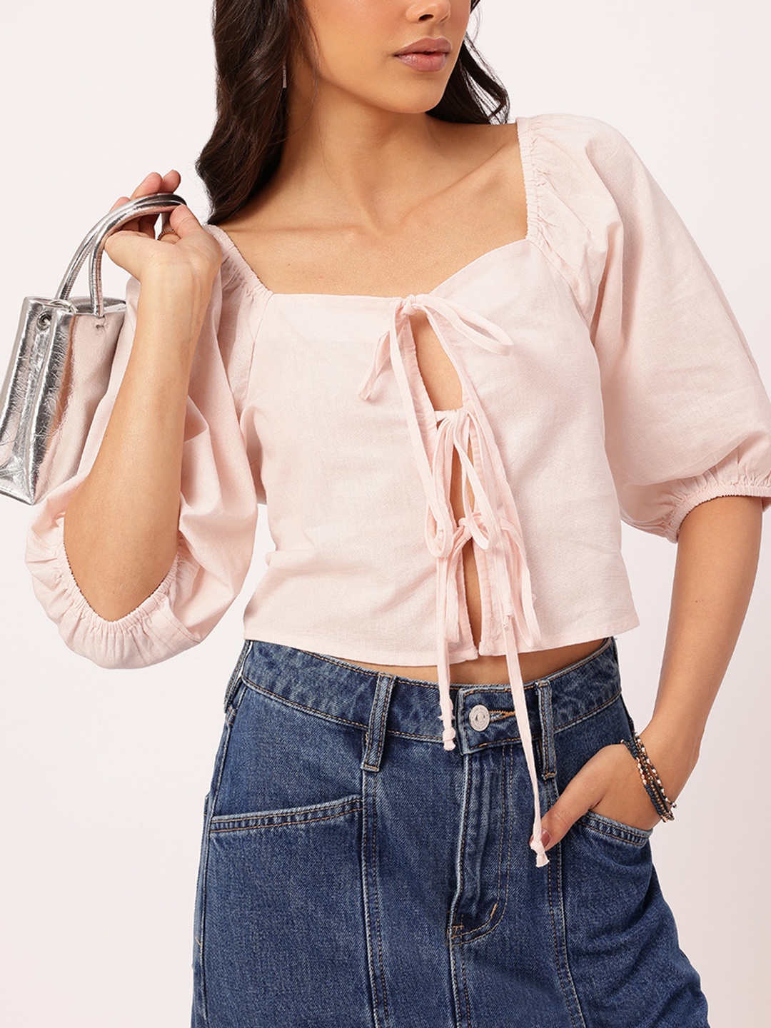 

DressBerry Flirty Tie-Ups Puff Sleeve Top, Peach