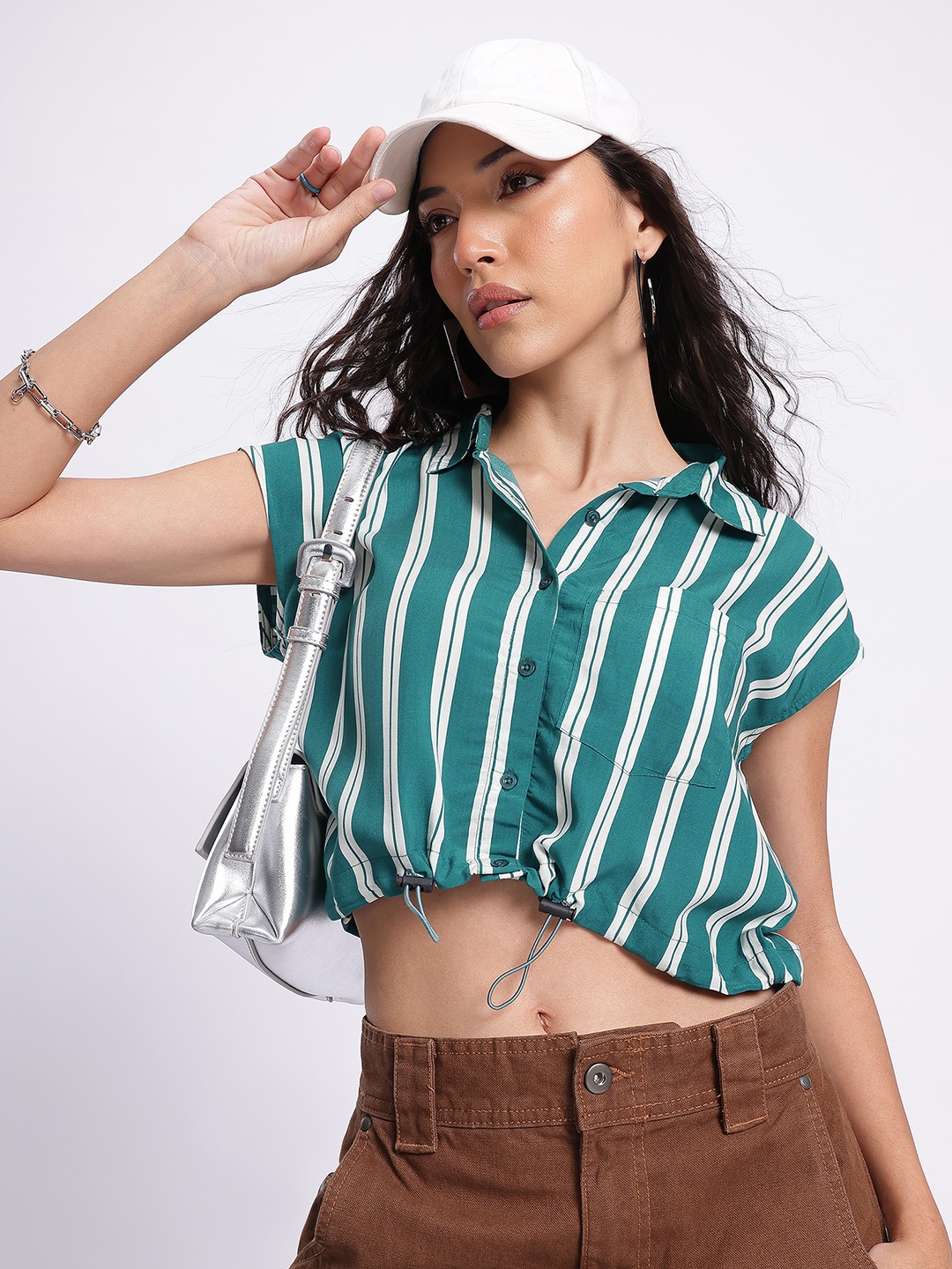 

DressBerry Striped Savvy Cinched Waist Crop Shirt-Style Top, Teal