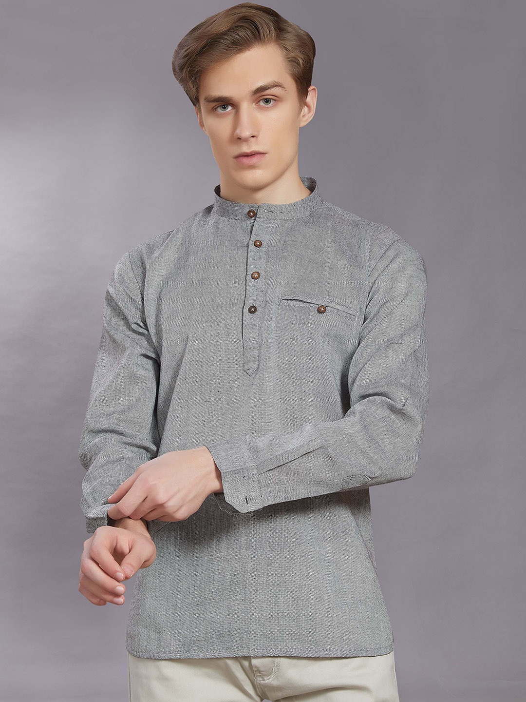 

DIVISIVE Woven Design Band Collar Pure Cotton Straight Kurta, Grey