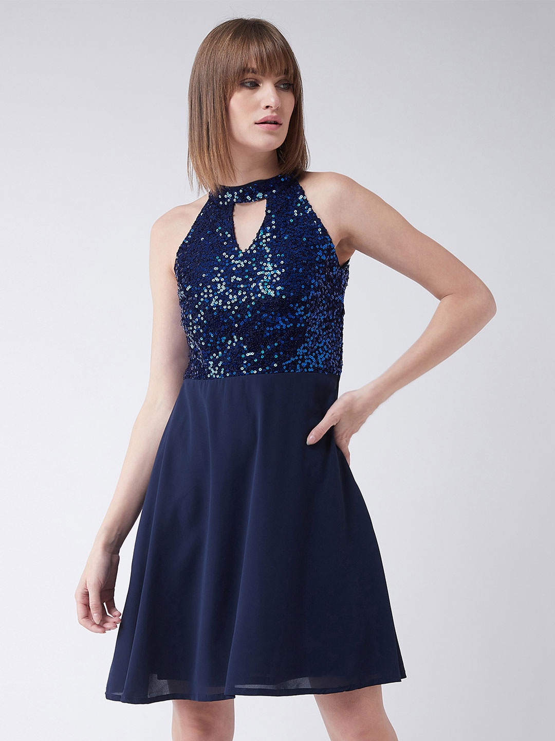 

BAESD Round Neck Sleeveless Sequin Flowy Knee-Long Skater Dress, Navy blue