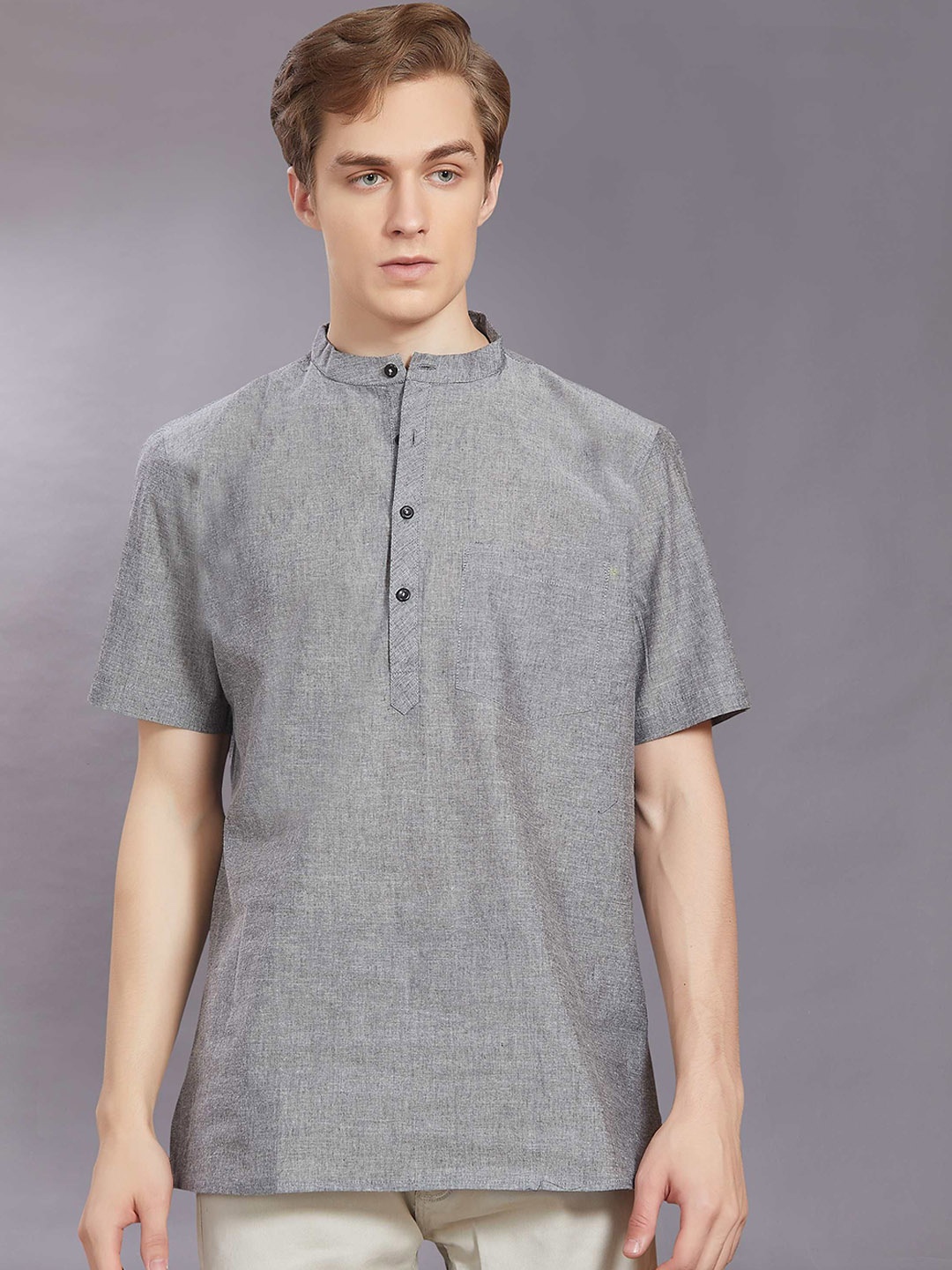 

DIVISIVE Woven Design Band Collar Pure Cotton Straight Kurta, Grey