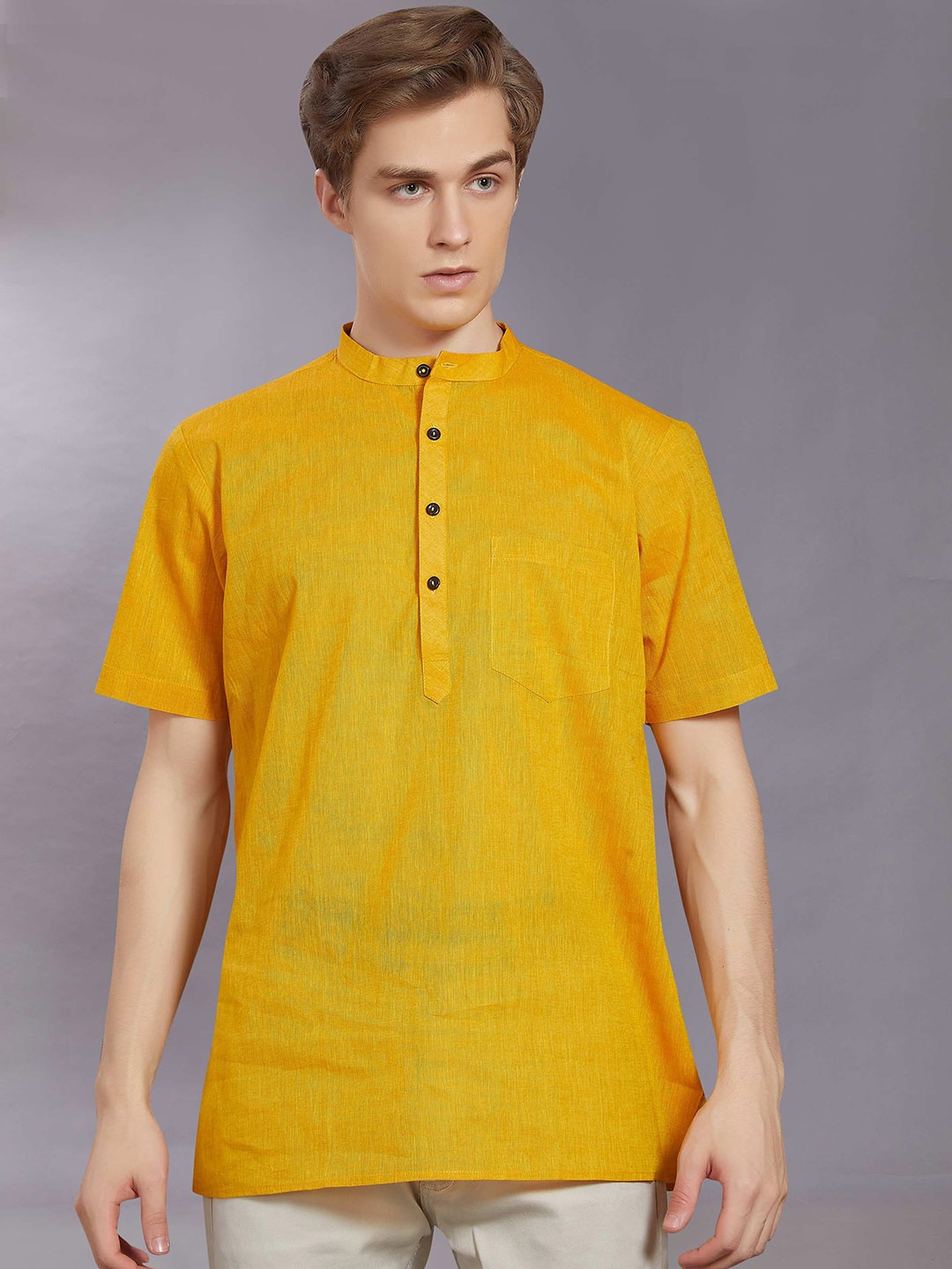 

DIVISIVE Woven Design Band Collar Pure Cotton Straight Kurta, Gold