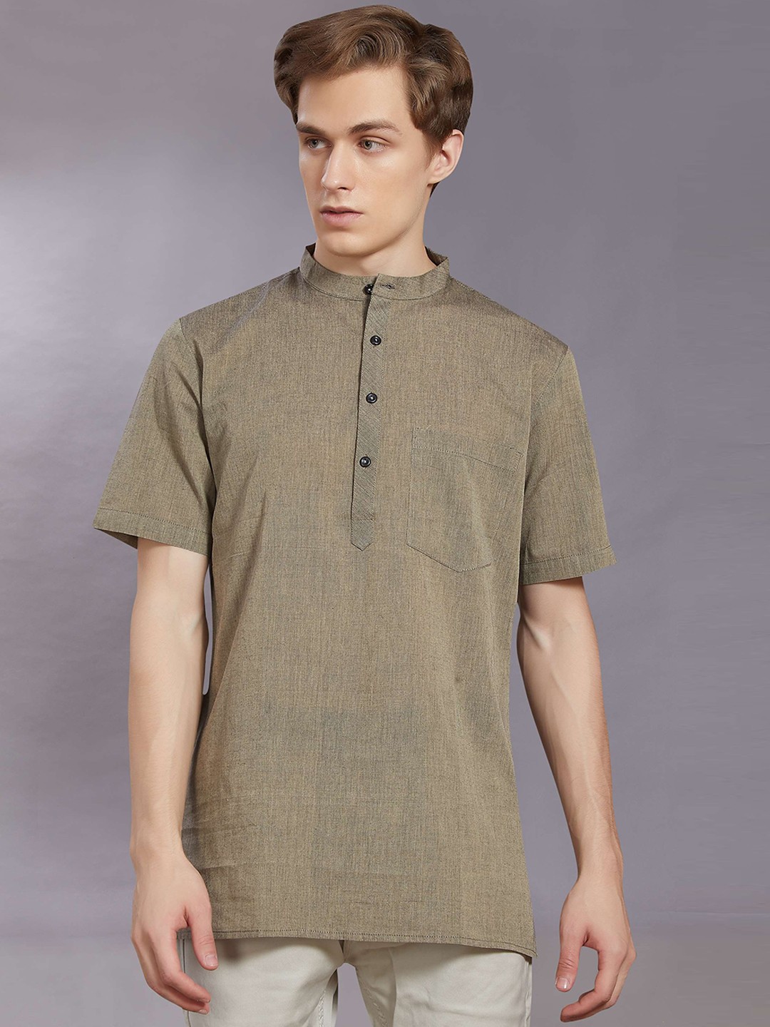 

DIVISIVE Woven Design Band Collar Pure Cotton Straight Kurta, Grey
