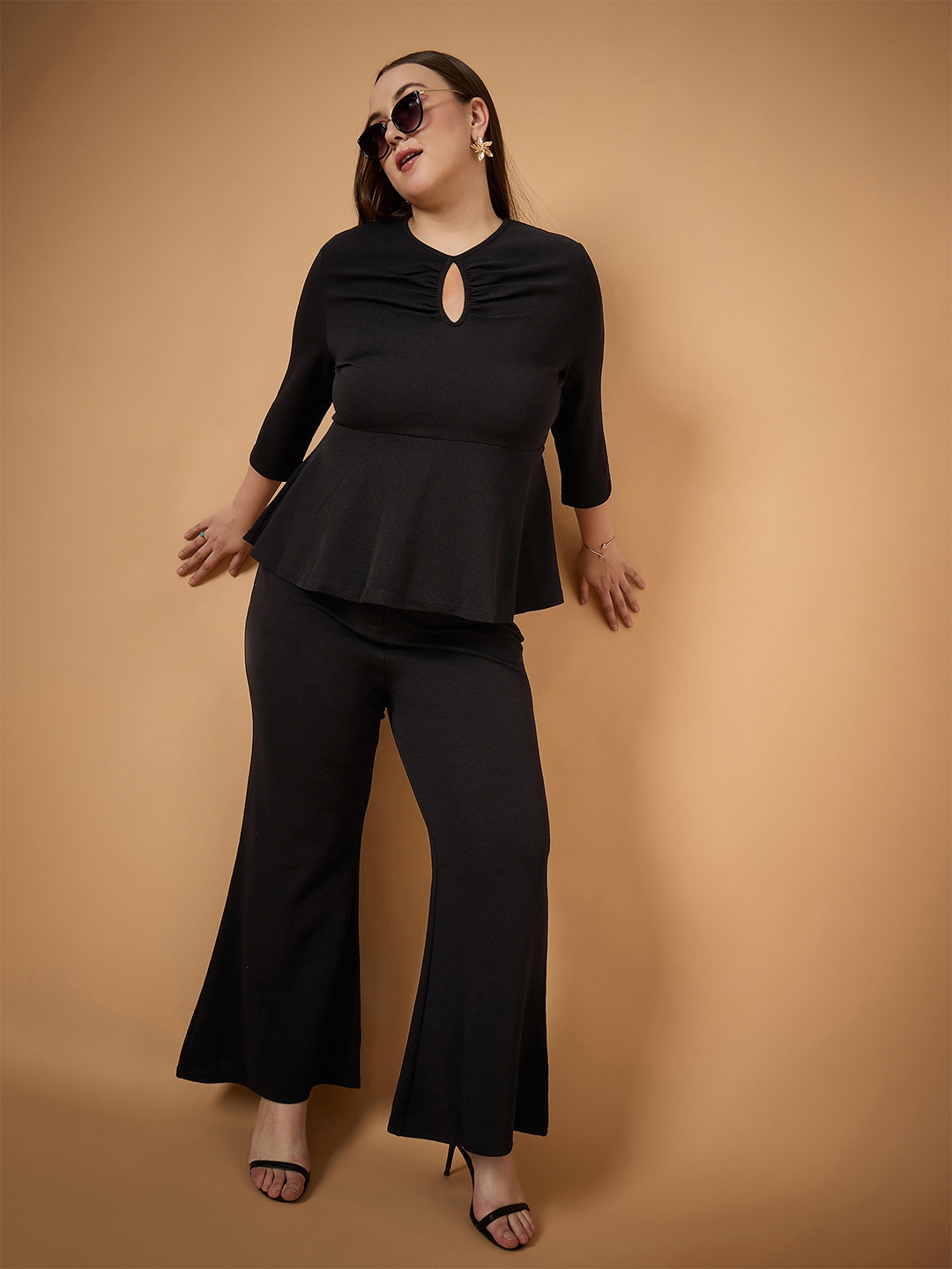 

SASSAFRAS Curve Plus Size Keyhole Neck Top With Bell Bottom Pant, Black