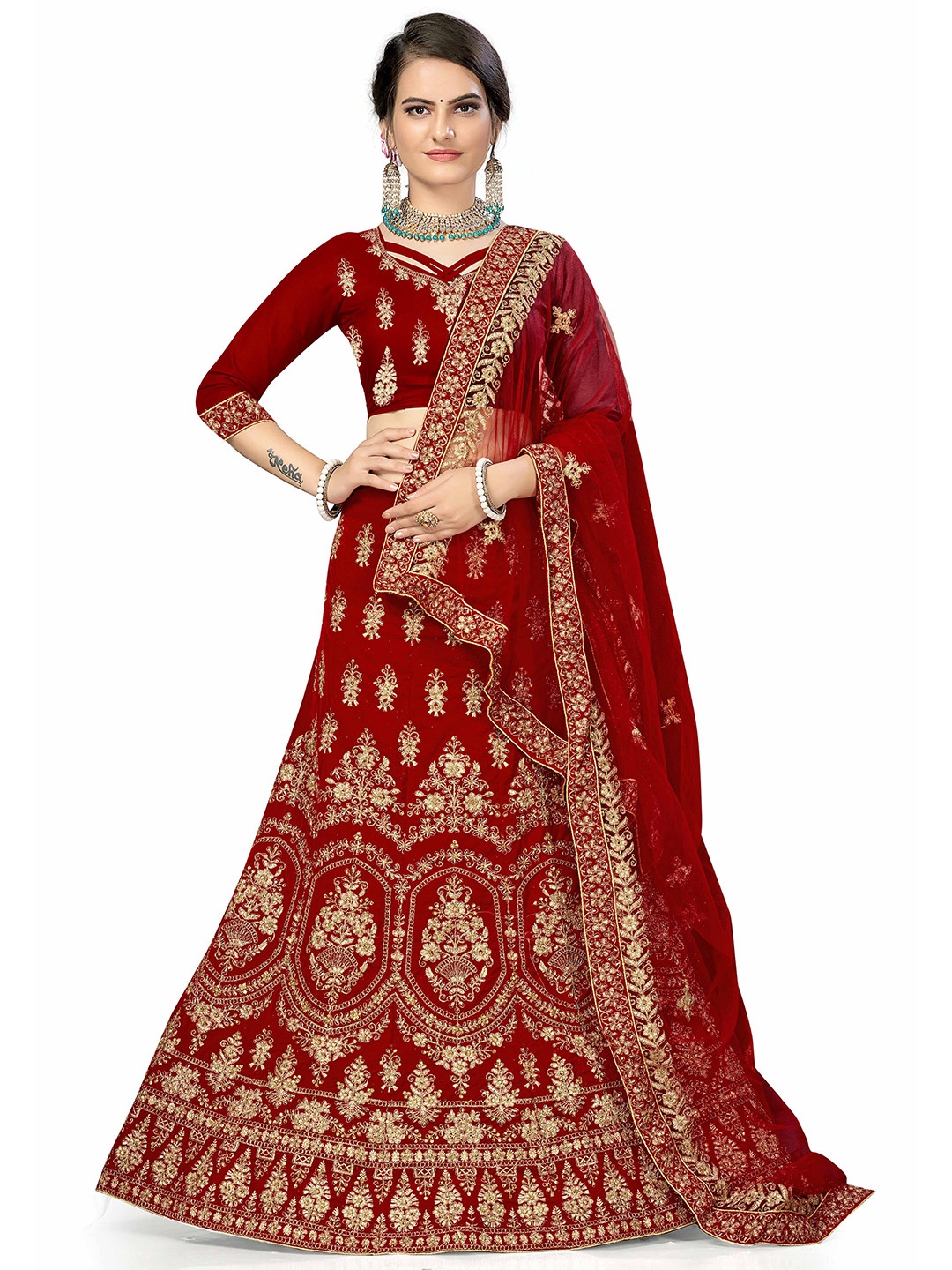 

Maroosh Embellished Thread Work Unstitched Lehenga & Blouse With Dupatta, Red