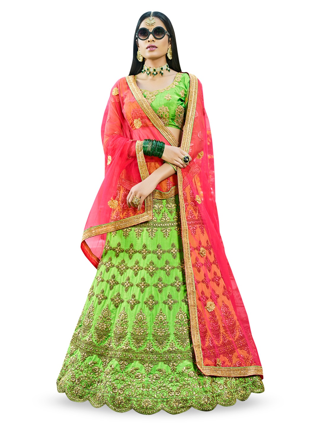 

Maroosh Embroidered Thread Work Unstitched Lehenga & Blouse With Dupatta, Green