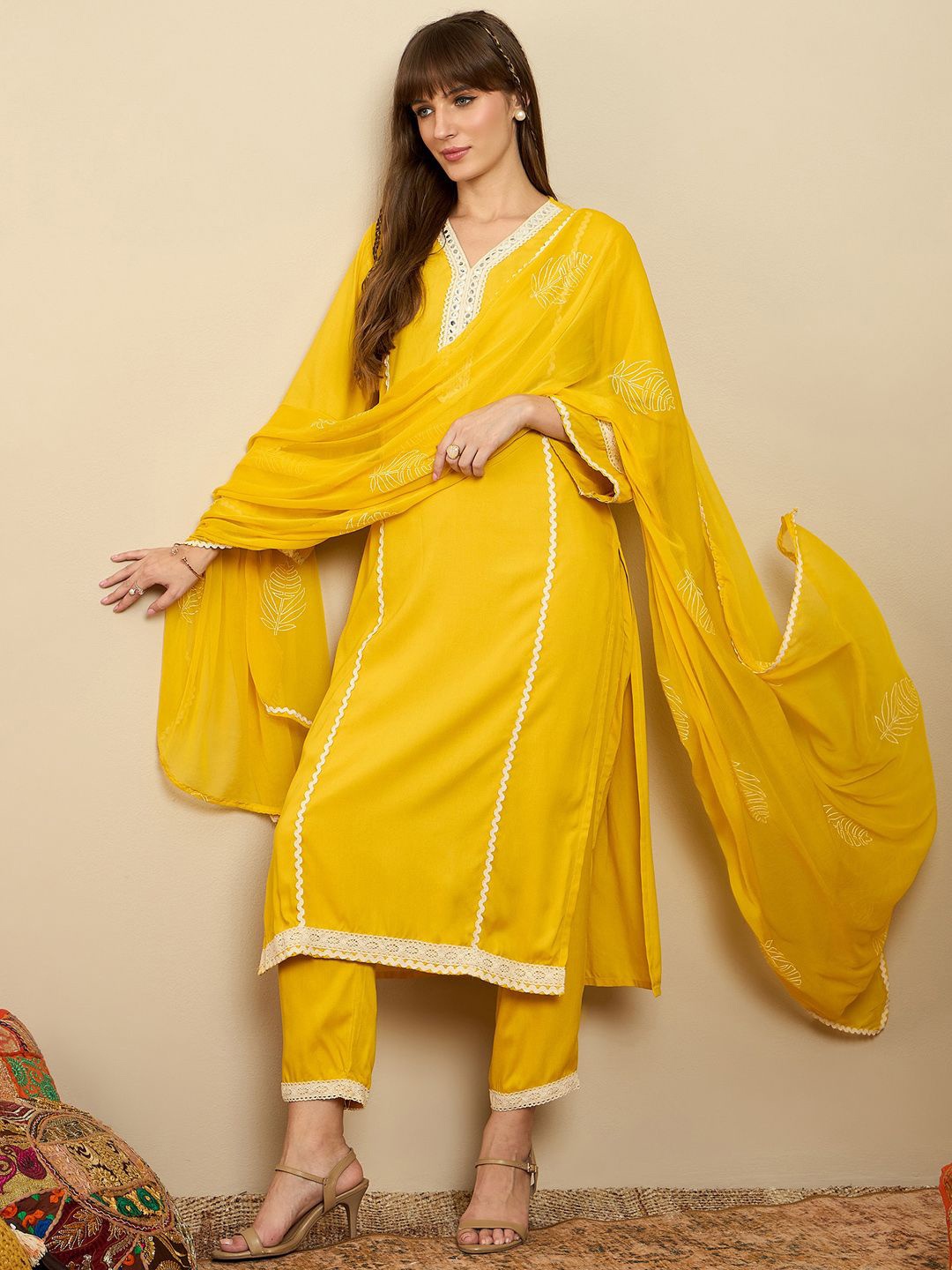 

Indo Era Straight Mirror Work Kurta with Trousers & Dupatta, Yellow