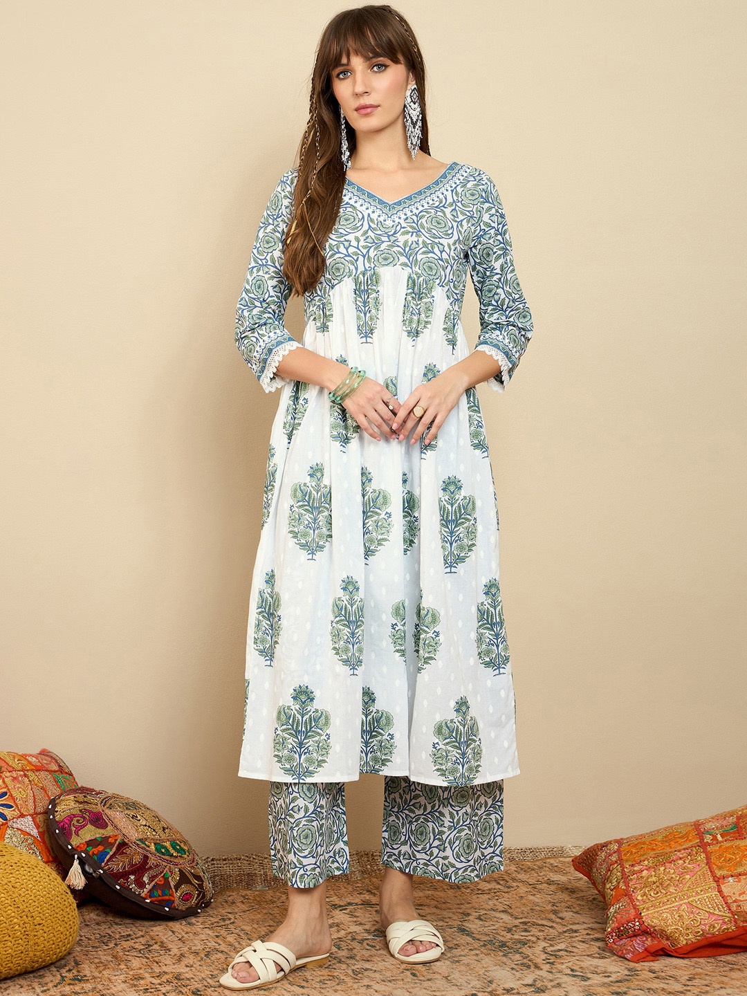 

Indo Era Floral Printed Empire A-Line Pure Cotton Kurta with Palazzos & Dupatta, White