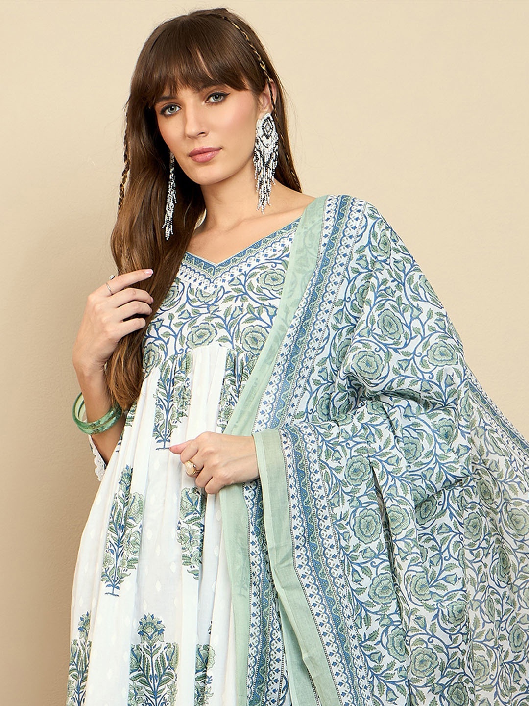 

Indo Era Floral Printed Empire A-Line Pure Cotton Kurta with Palazzos & Dupatta, White