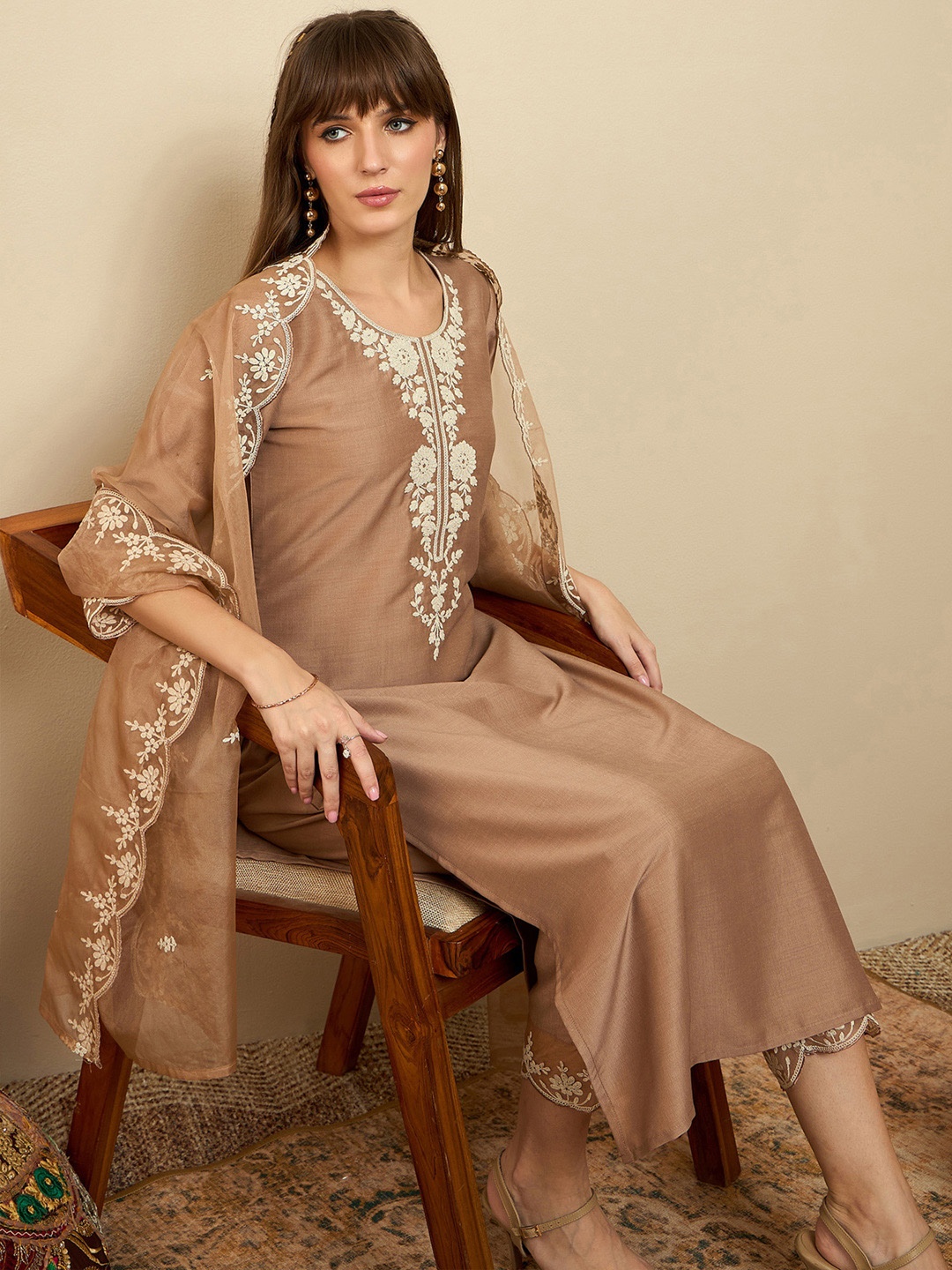 Indo Era Floral Embroidered Thread Work Straight Kurta With Trousers & Dupatta, Brown