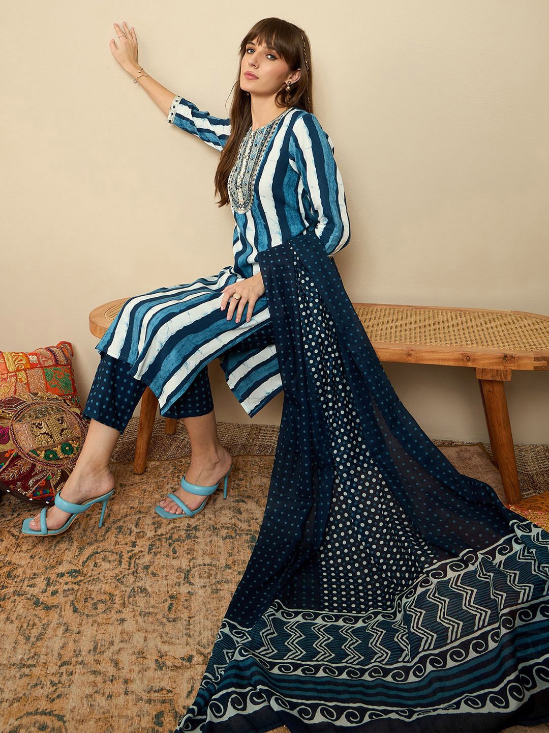 

Indo Era Striped Sequinned Straight Kurta With Trousers & Dupatta, Navy blue