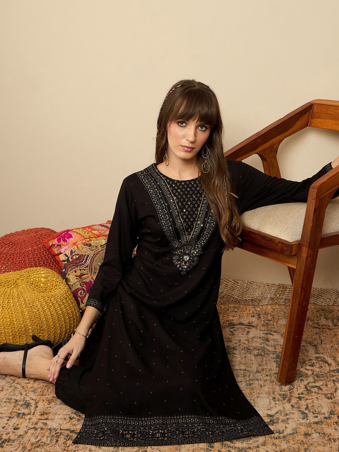 

Indo Era Ethnic Motifs Printed Sequinned Kurta, Black
