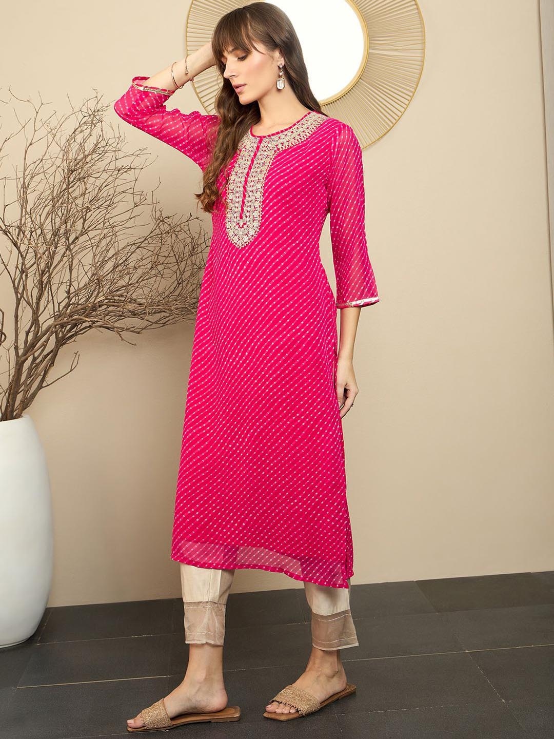 

Indo Era Pink Leheriya Printed Thread Work Georgette Straight Kurta