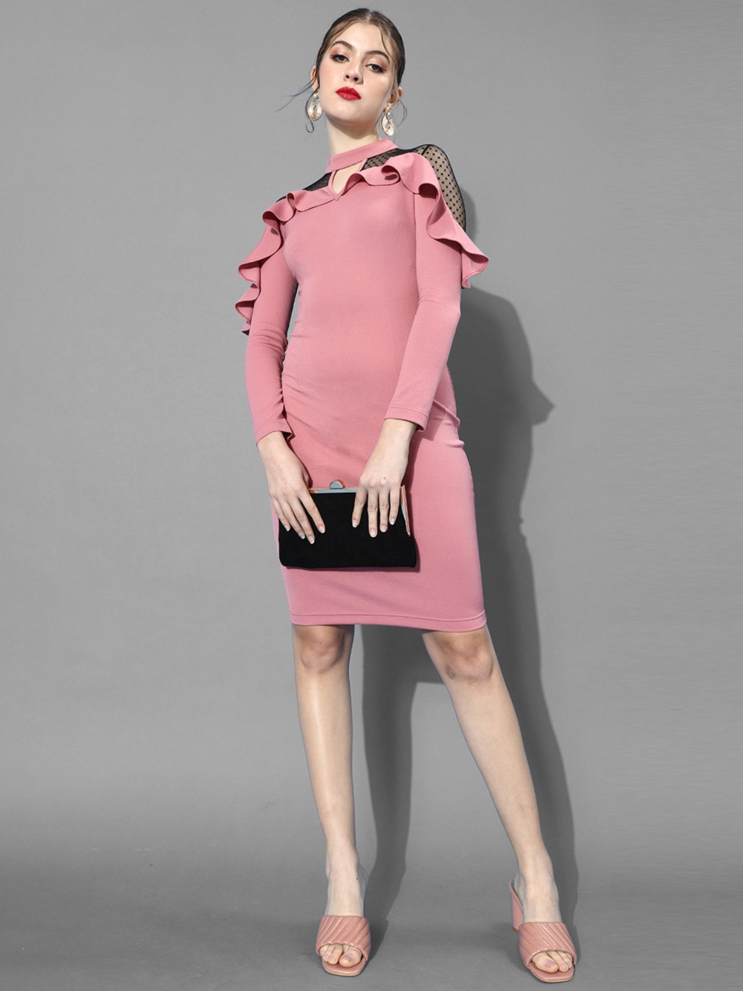 Chemistry Women Collared V-neck Full Sleeve Solid Ruffled Midi Dress, Pink