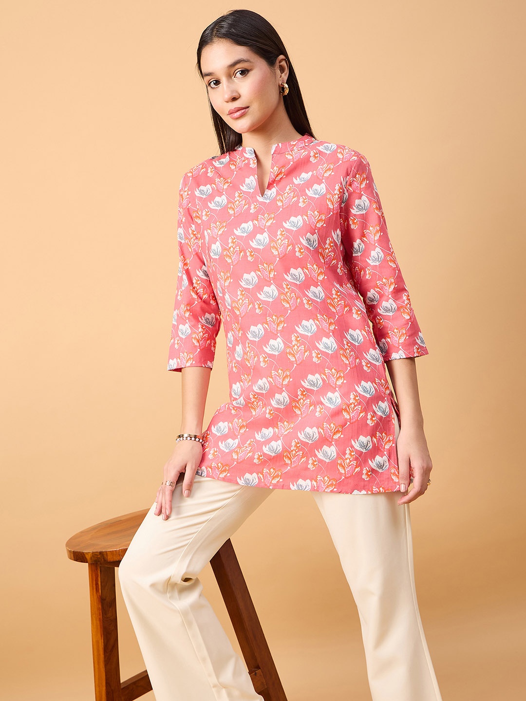 

NEESH Women Floral Print Mandarin Collar Top, Peach