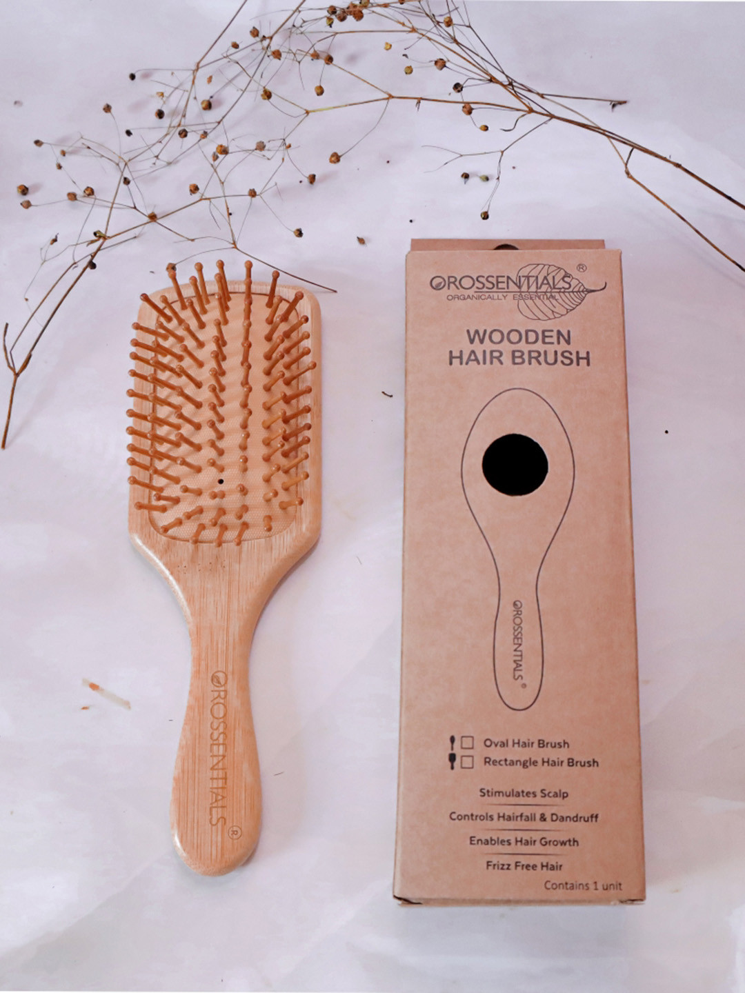 

OROSSENTIALS Natural Wooden Rectangle Hair Brush - Brown