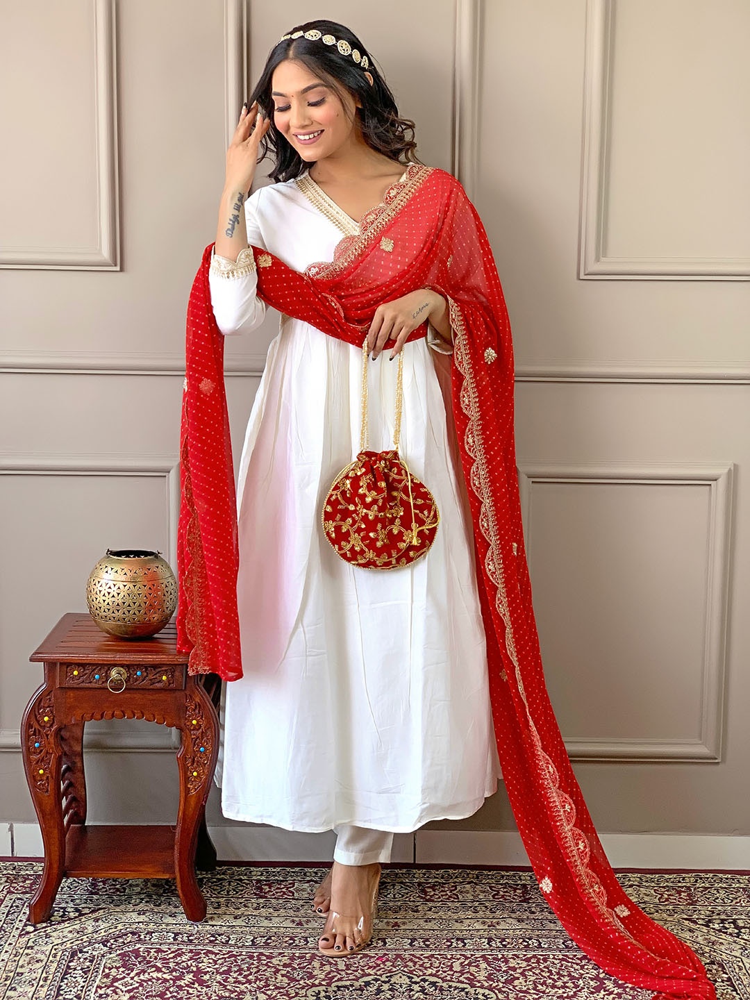 

KALINI Ethnic Motifs Yoke Design Thread Work Anarkali Kurta With Trouser & Dupatta, White