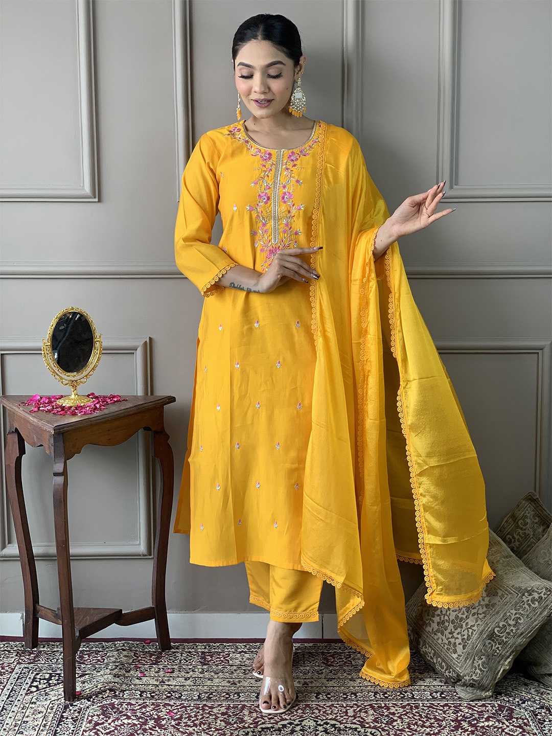 

Ishin Floral Embroidered Thread Work Straight Kurta With Trousers & Dupatta, Yellow
