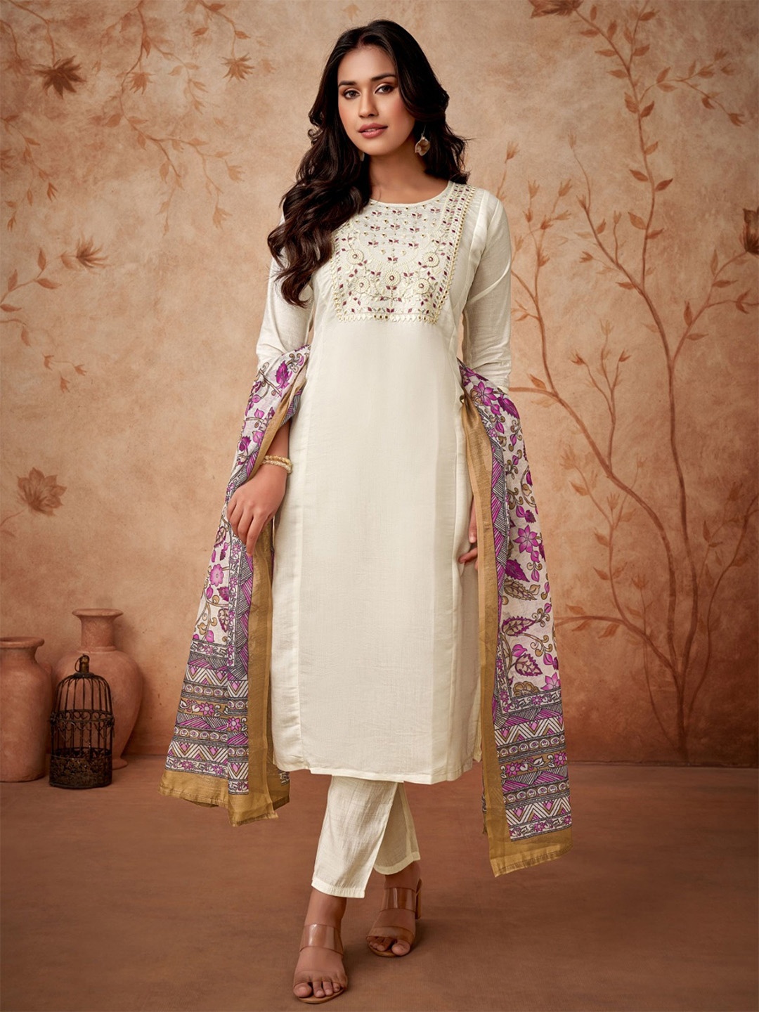 Ishin Floral Printed Thread Work Straight Kurta With Trousers & Dupatta, White