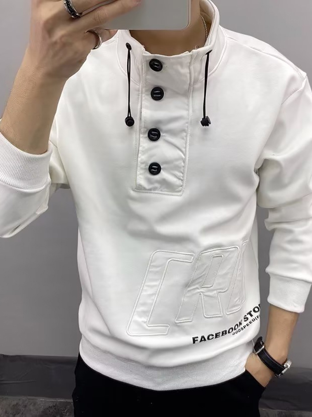 

StyleCast x Revolte Men Self Design Mock Collar Sweatshirt, White