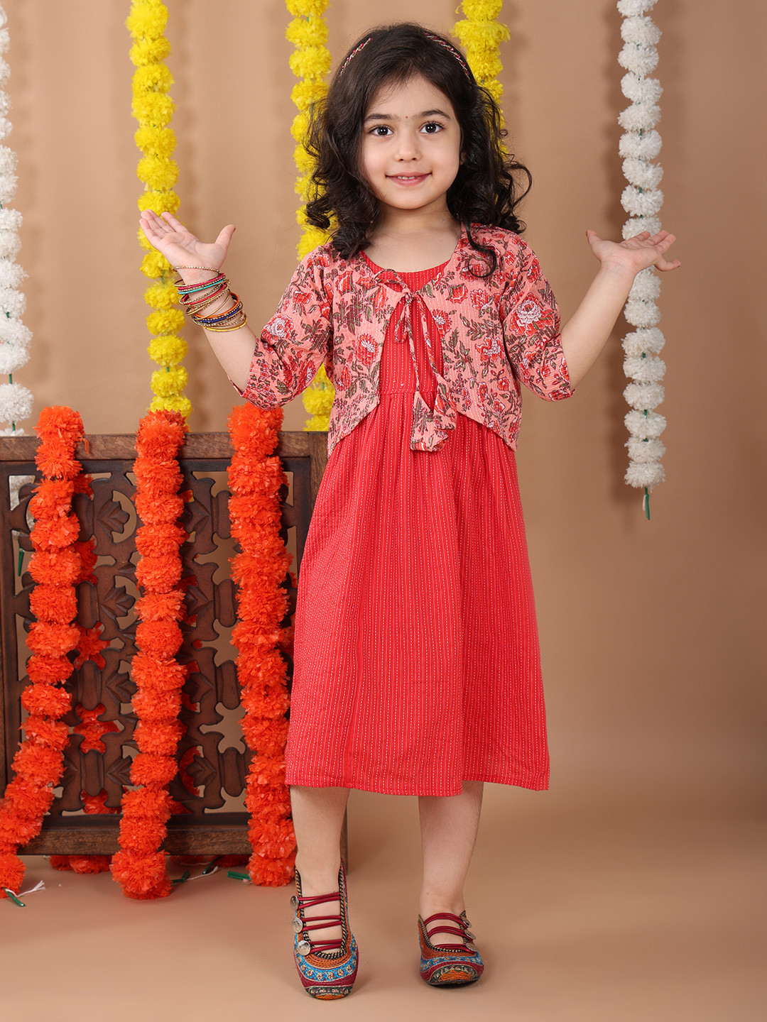 

Sangria Infant Girls Floral Printed Cotton Ethnic Dress, Red