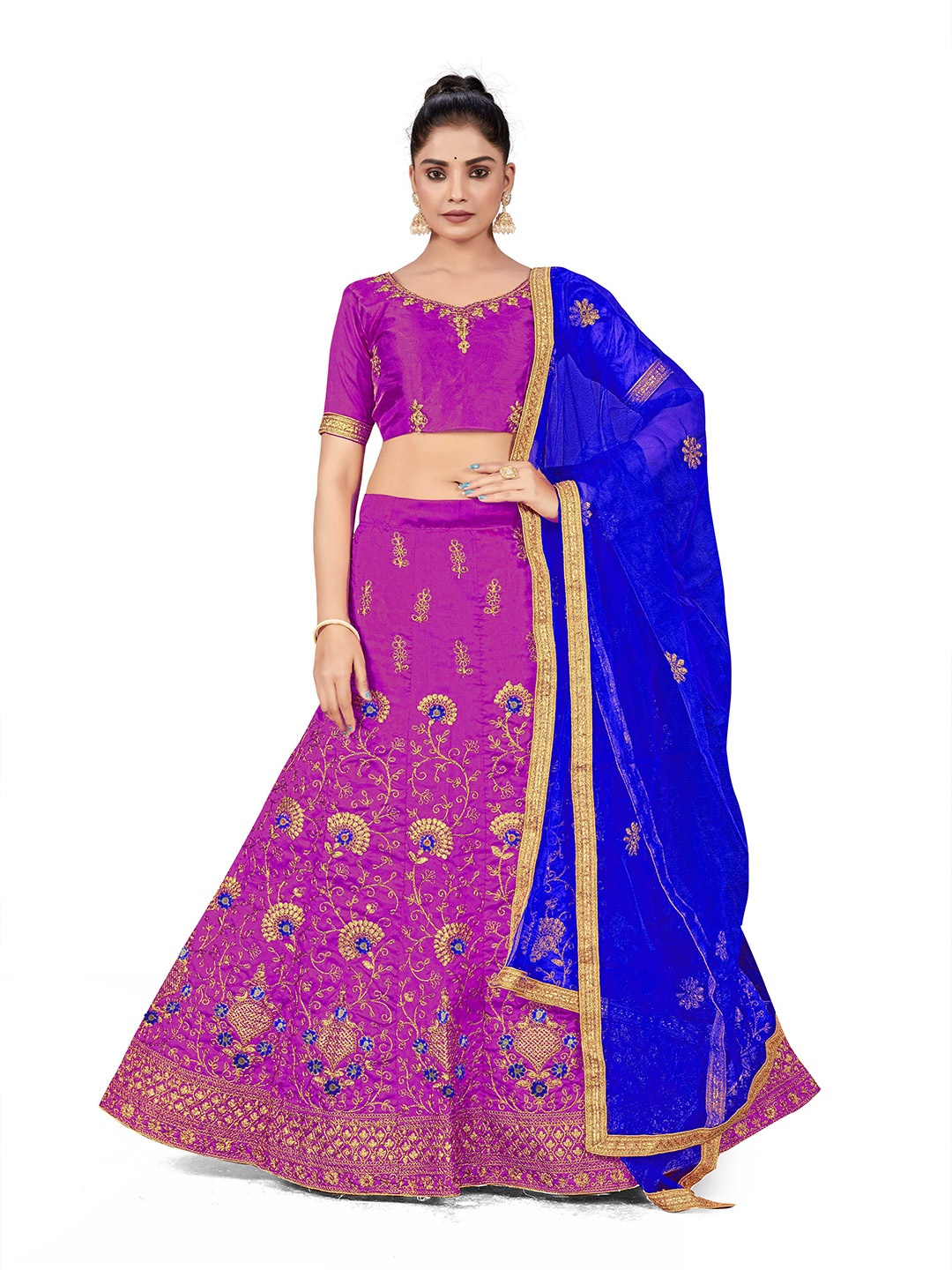 

Maroosh Embellished Thread Work Silk Unstitched Lehenga & Blouse With Dupatta, Purple