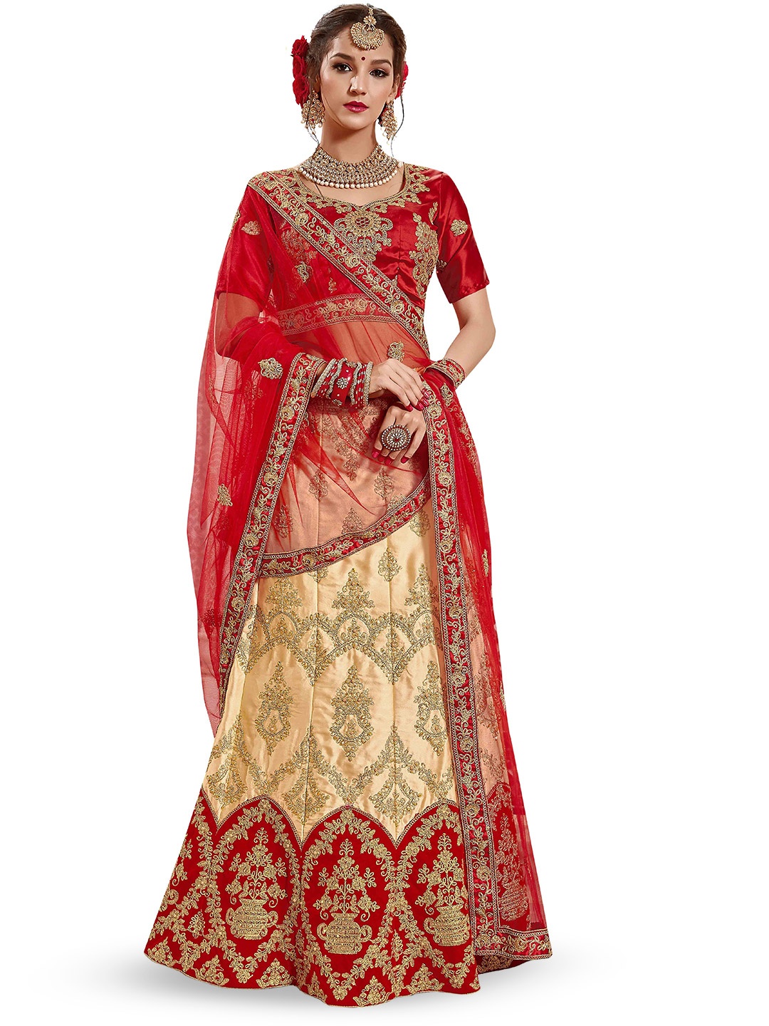 

Maroosh Embroidered Thread Work Unstitched Lehenga & Blouse With Dupatta, Beige