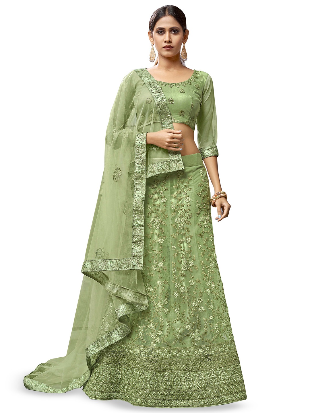 

Maroosh Floral Embroidered Unstitched Lehenga & Blouse With Dupatta, Lime green