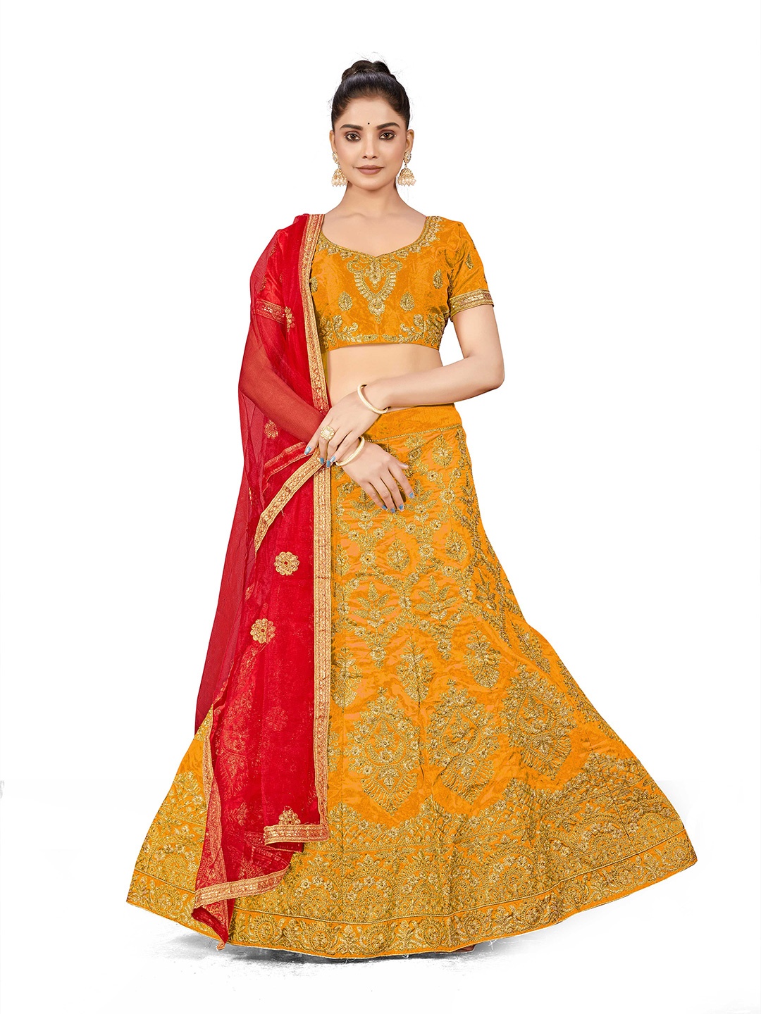 

Maroosh Embellished Thread Work Unstitched Lehenga & Blouse With Dupatta, Yellow