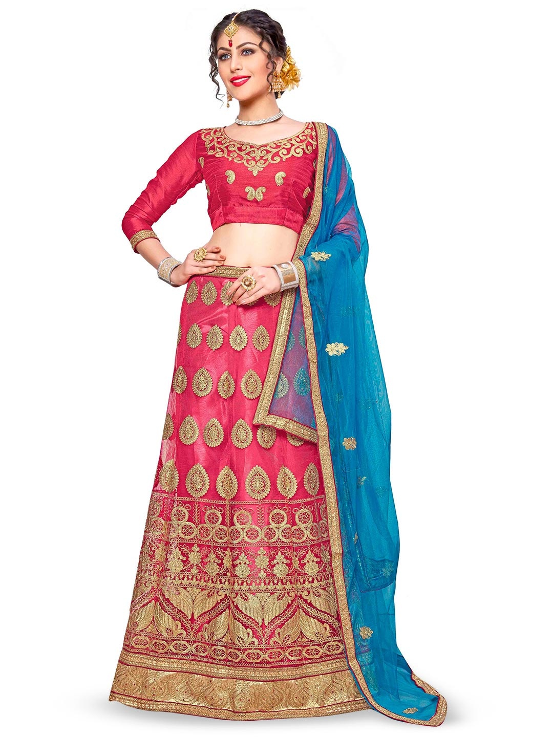 

Maroosh Embroidered Thread Work Net Unstitched Lehenga & Blouse With Dupatta, Pink