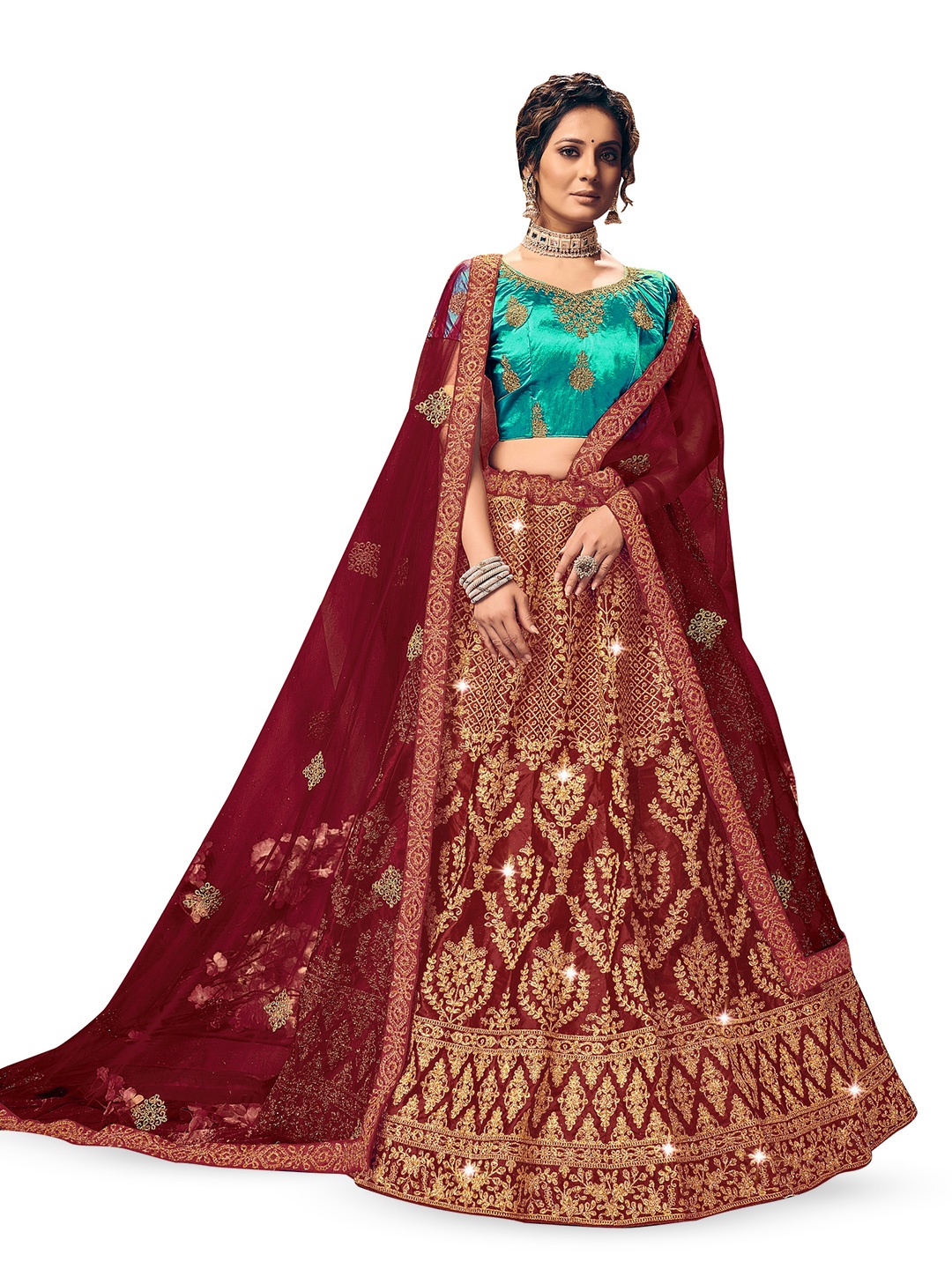 

Maroosh Embroidered Thread Work Semi-Stiched Lehenga & Blouse With Dupatta, Maroon