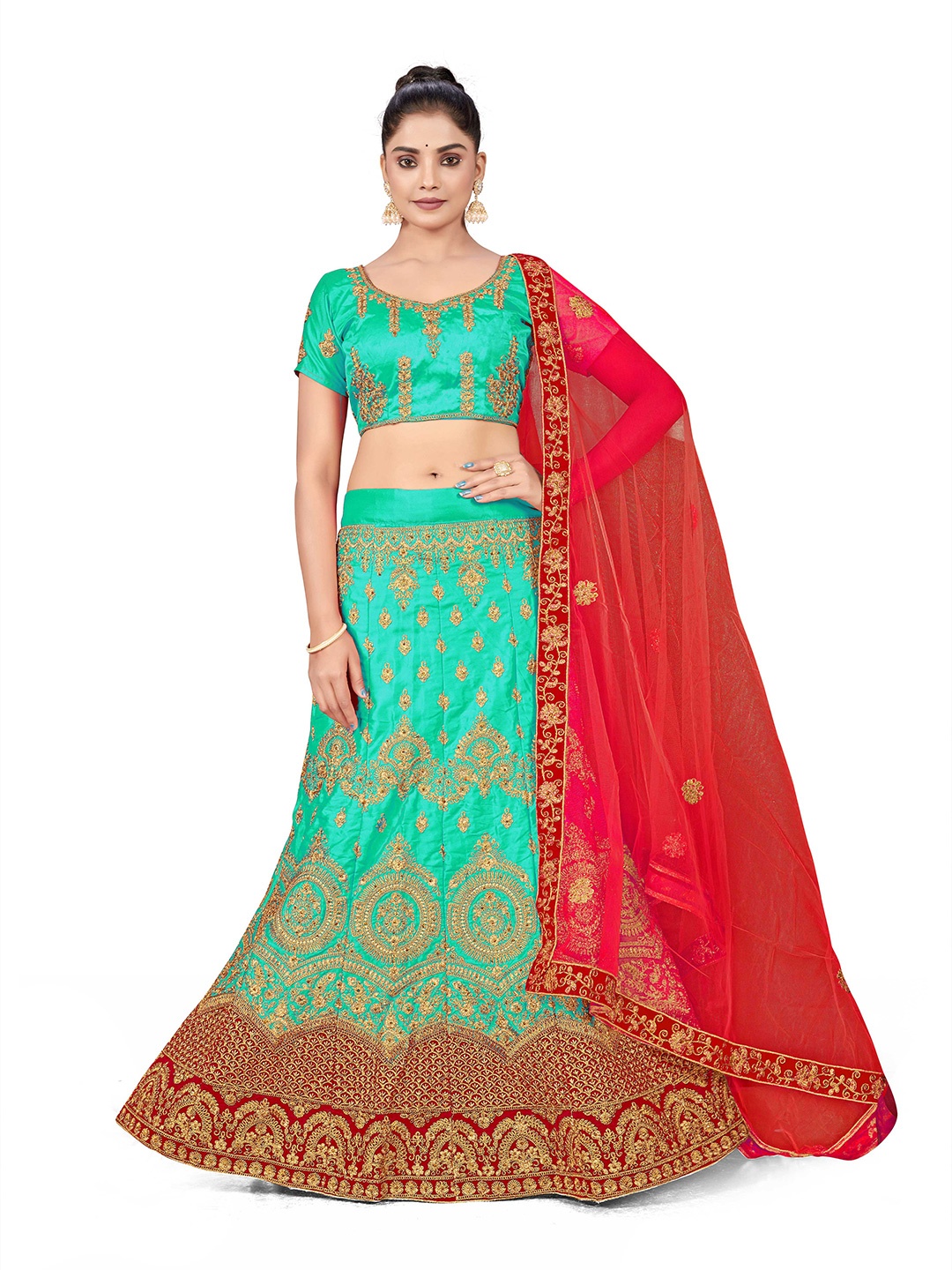 

Maroosh Embroidered Thread Work Semi-Stitched Lehenga & Unstitched Blouse With Dupatta, Sea green